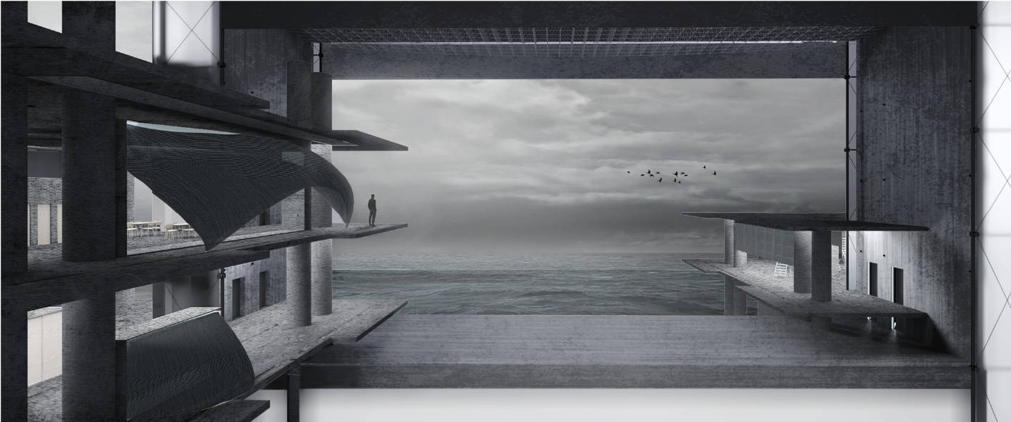 Framed ocean view from within the structure, emphasizing spatial continuity and the horizon as an architectural element.