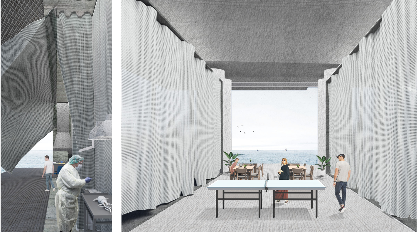 Hybrid interior space combining research, living, and social functions within a modular offshore architecture system.
