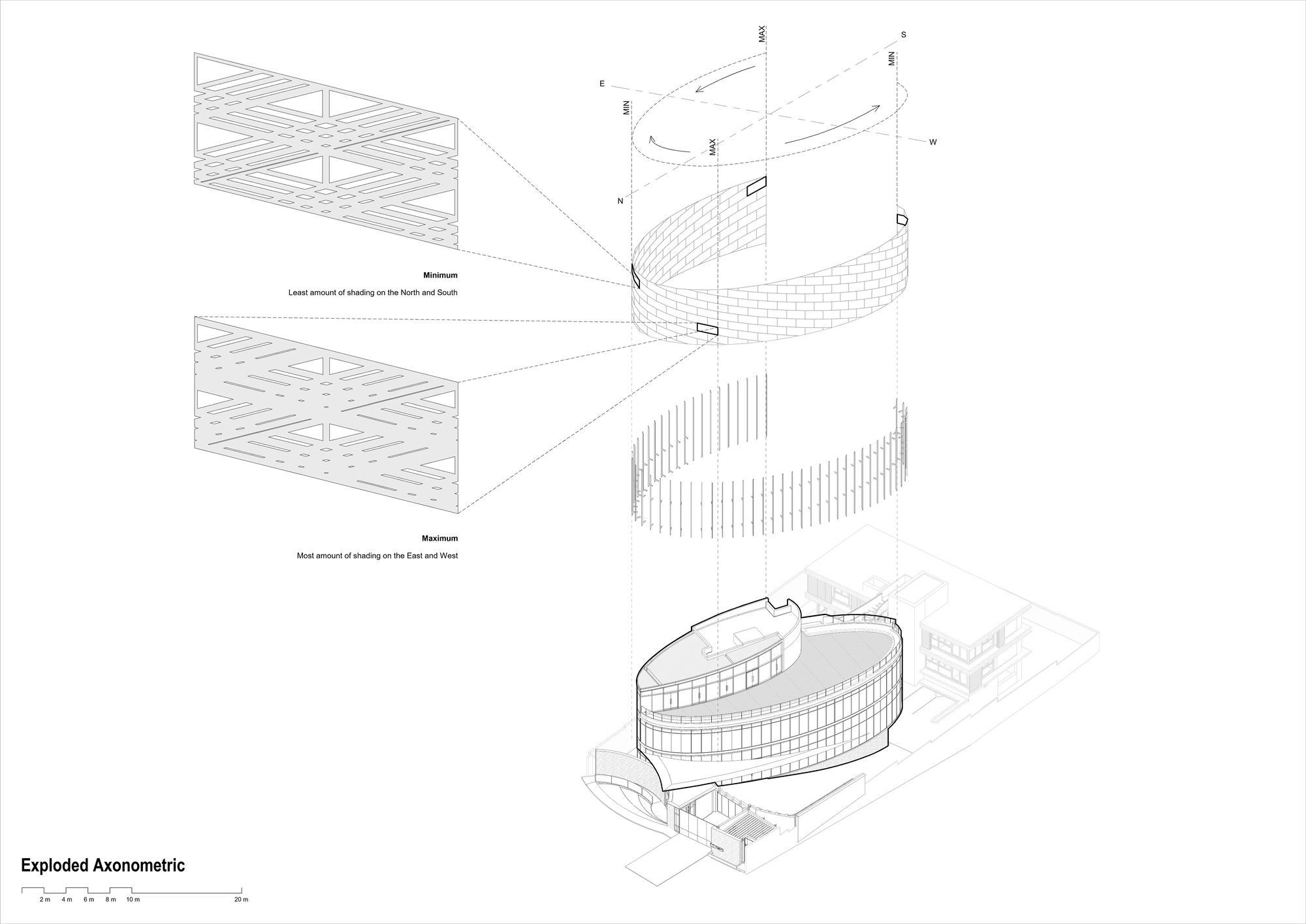 Exploded axonometric drawing showing layered construction of the curved facade and structural system