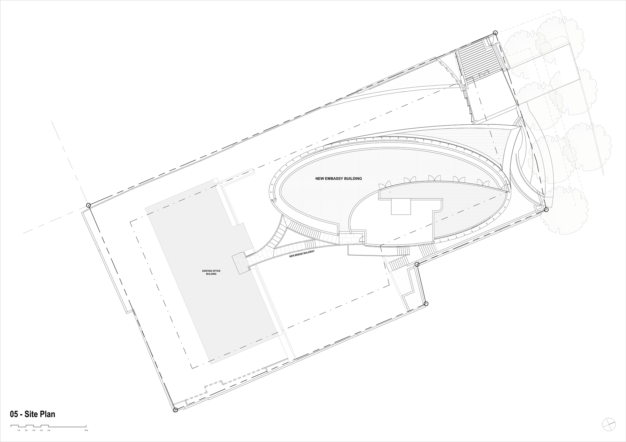 Site plan drawing showing oval building volume adjacent to rectangular structure and curving access roads