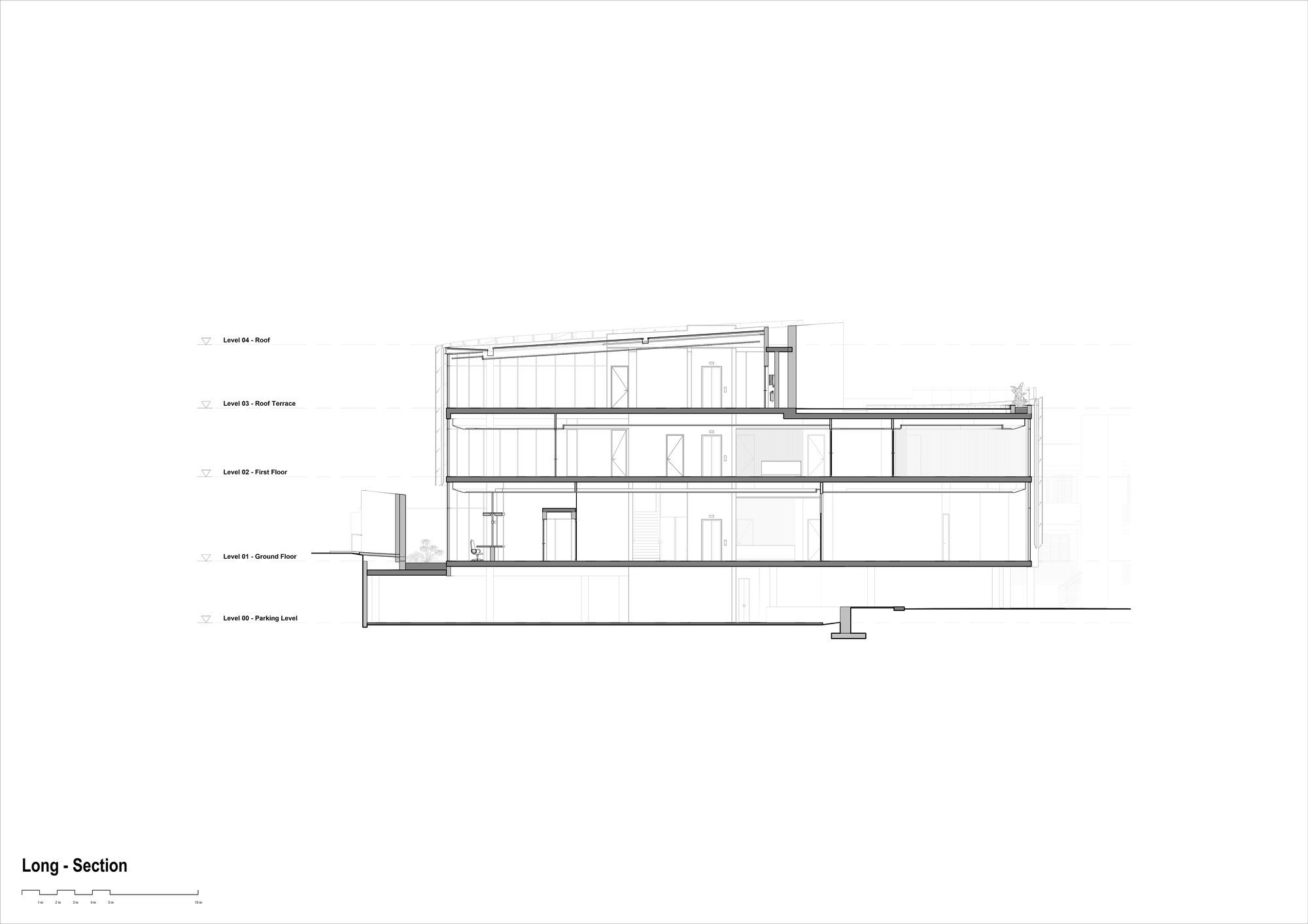 Longitudinal section drawing revealing four levels including parking below grade and roof terrace above