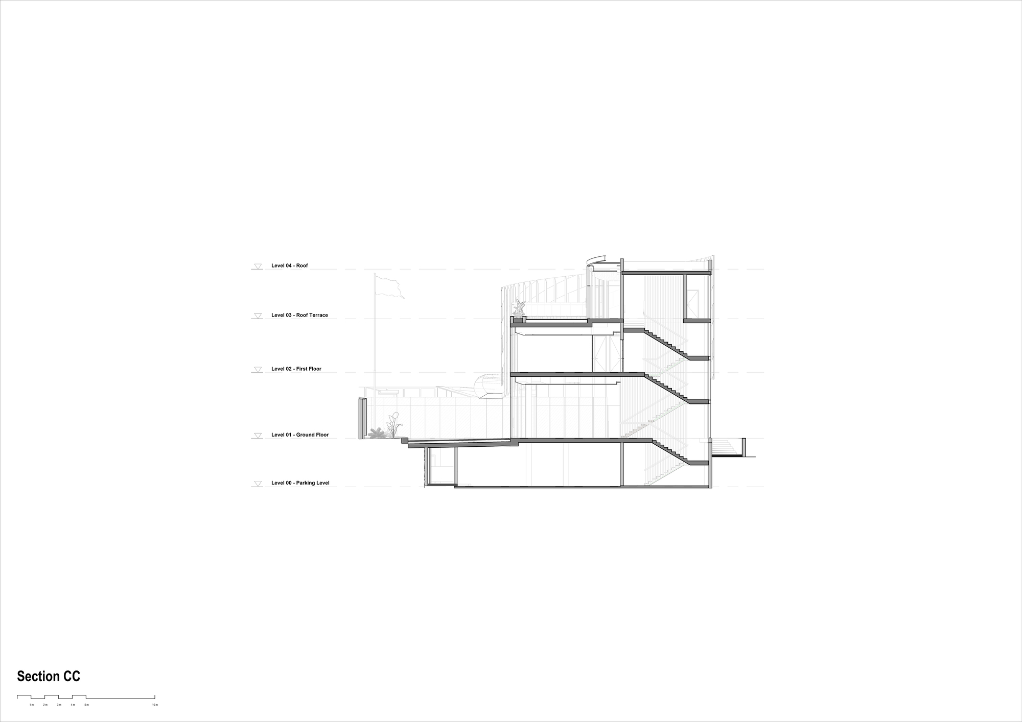 Section drawing showing five levels cascading down a sloped site with interconnecting stairs