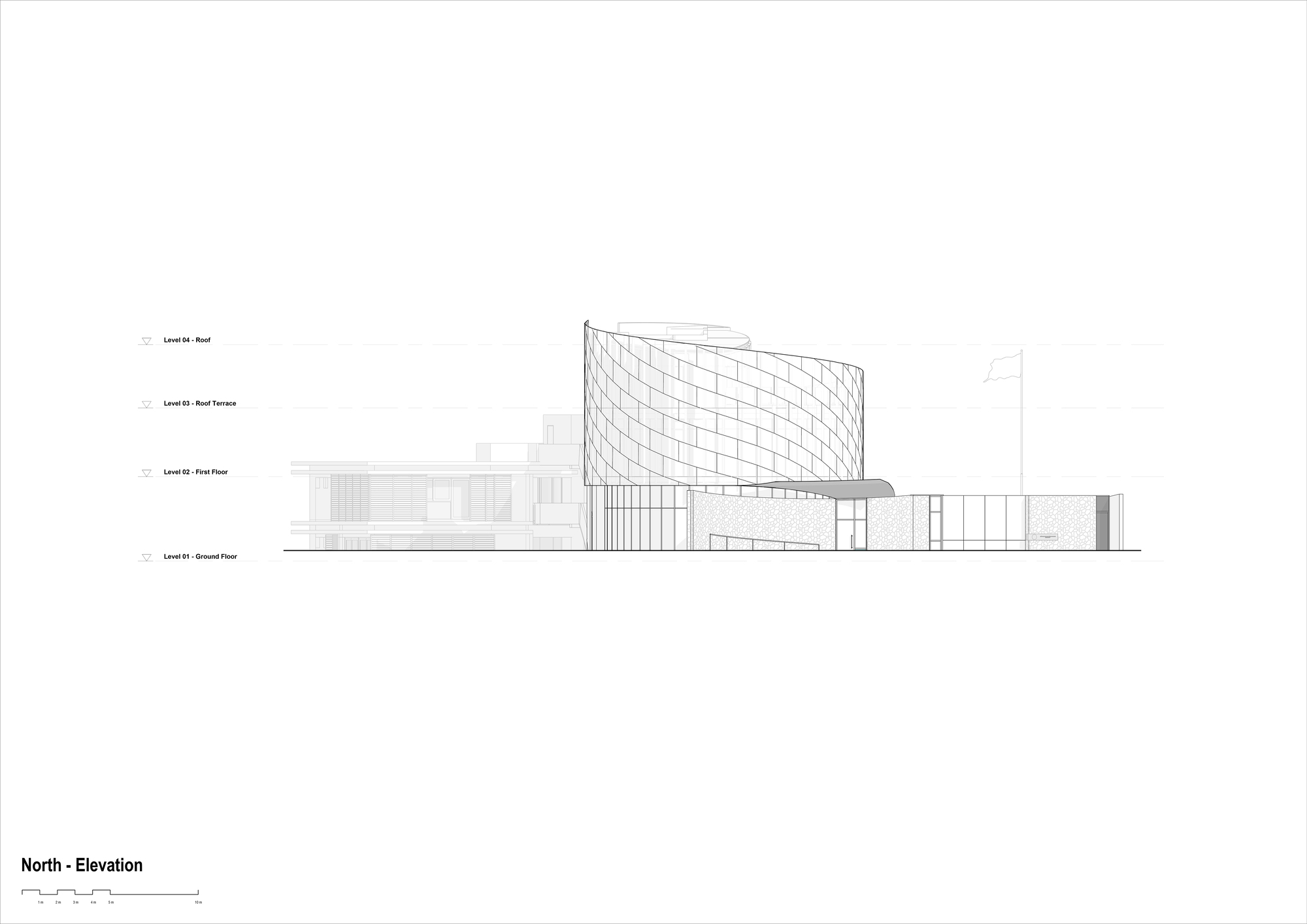 North elevation drawing featuring a curved facade with rectangular paneling above a glazed ground floor