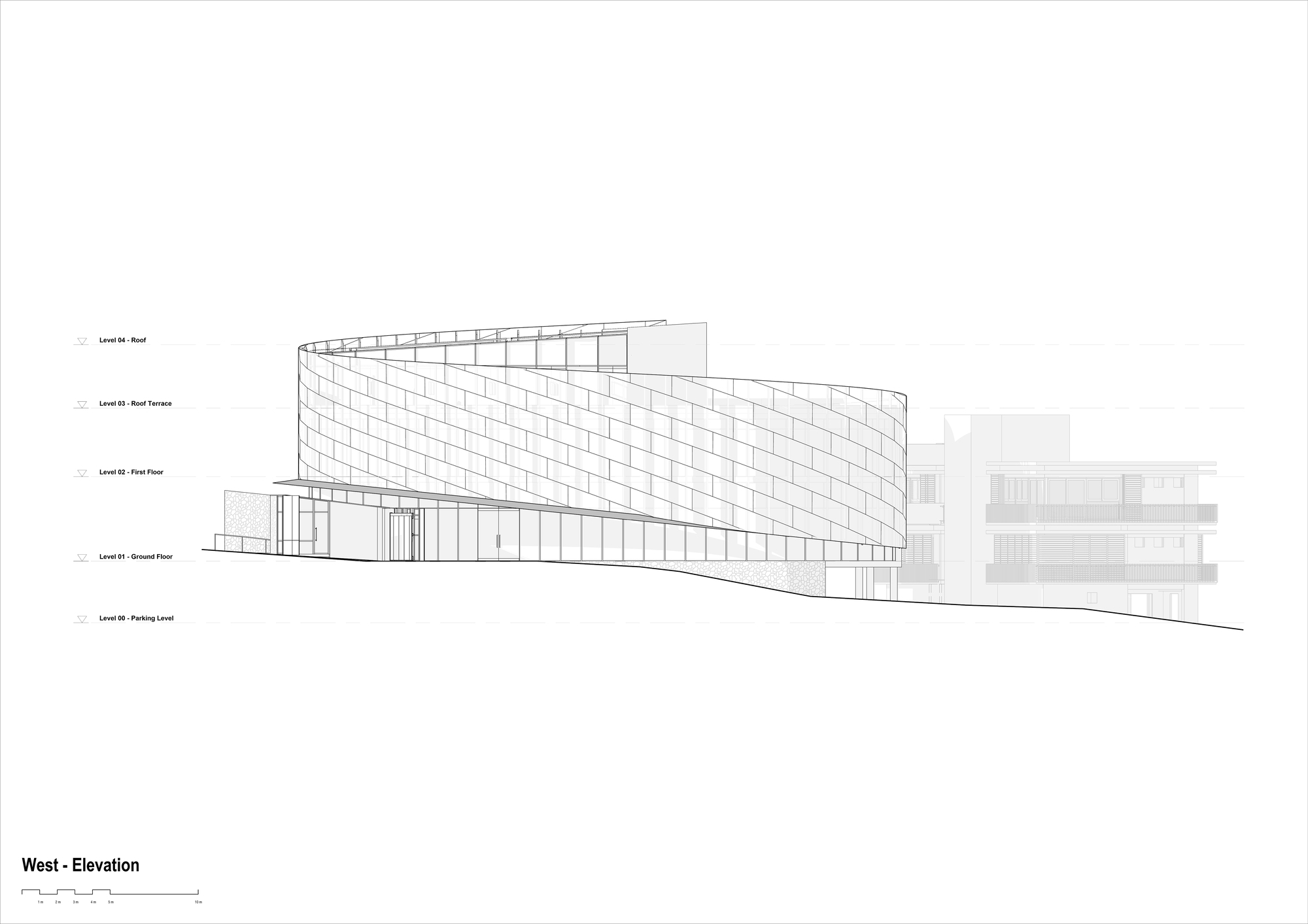 West elevation drawing showing the curved paneled volume rising from a sloping grade
