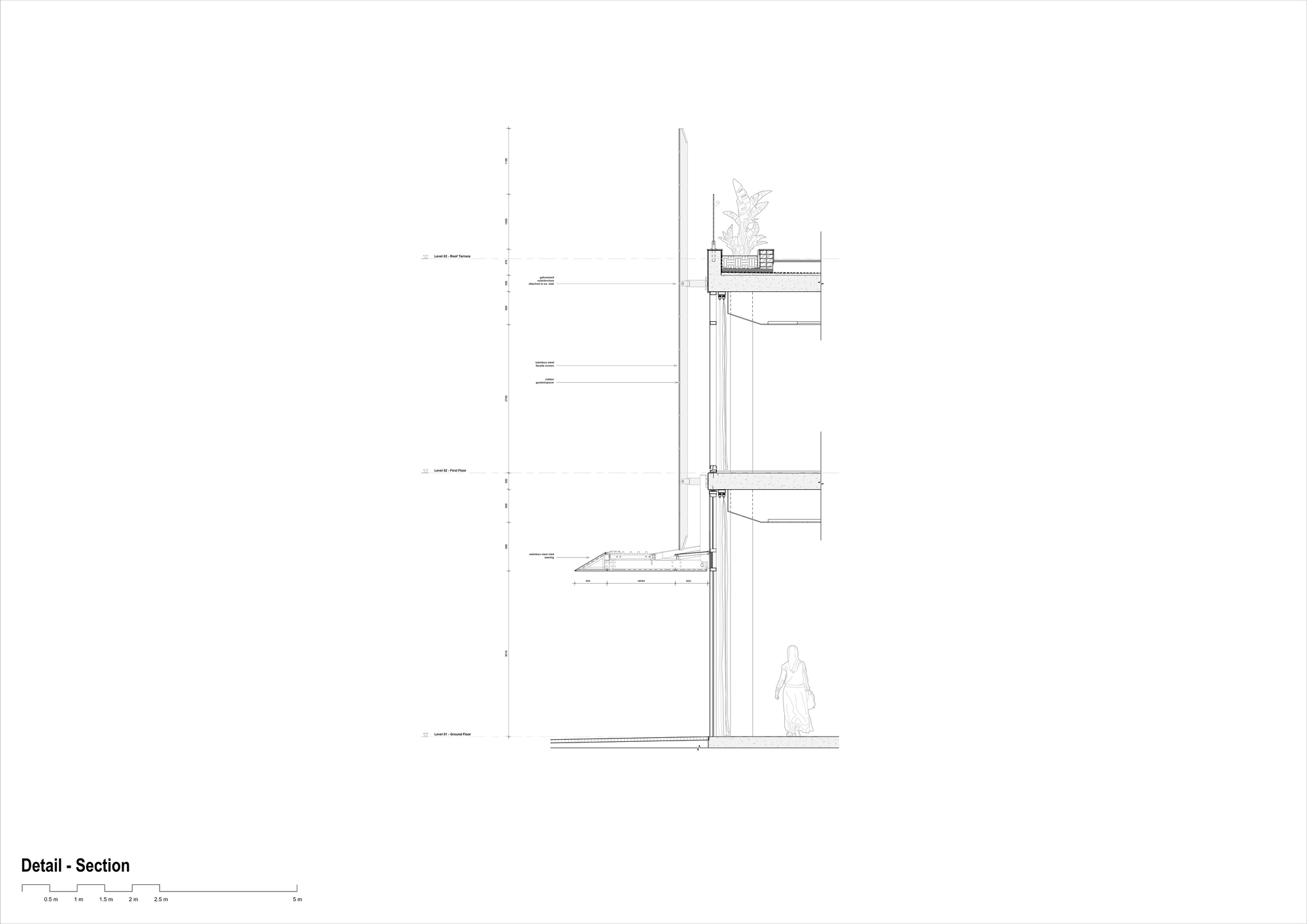 Detail section drawing illustrating the facade assembly with vertical mullions and horizontal floor slabs