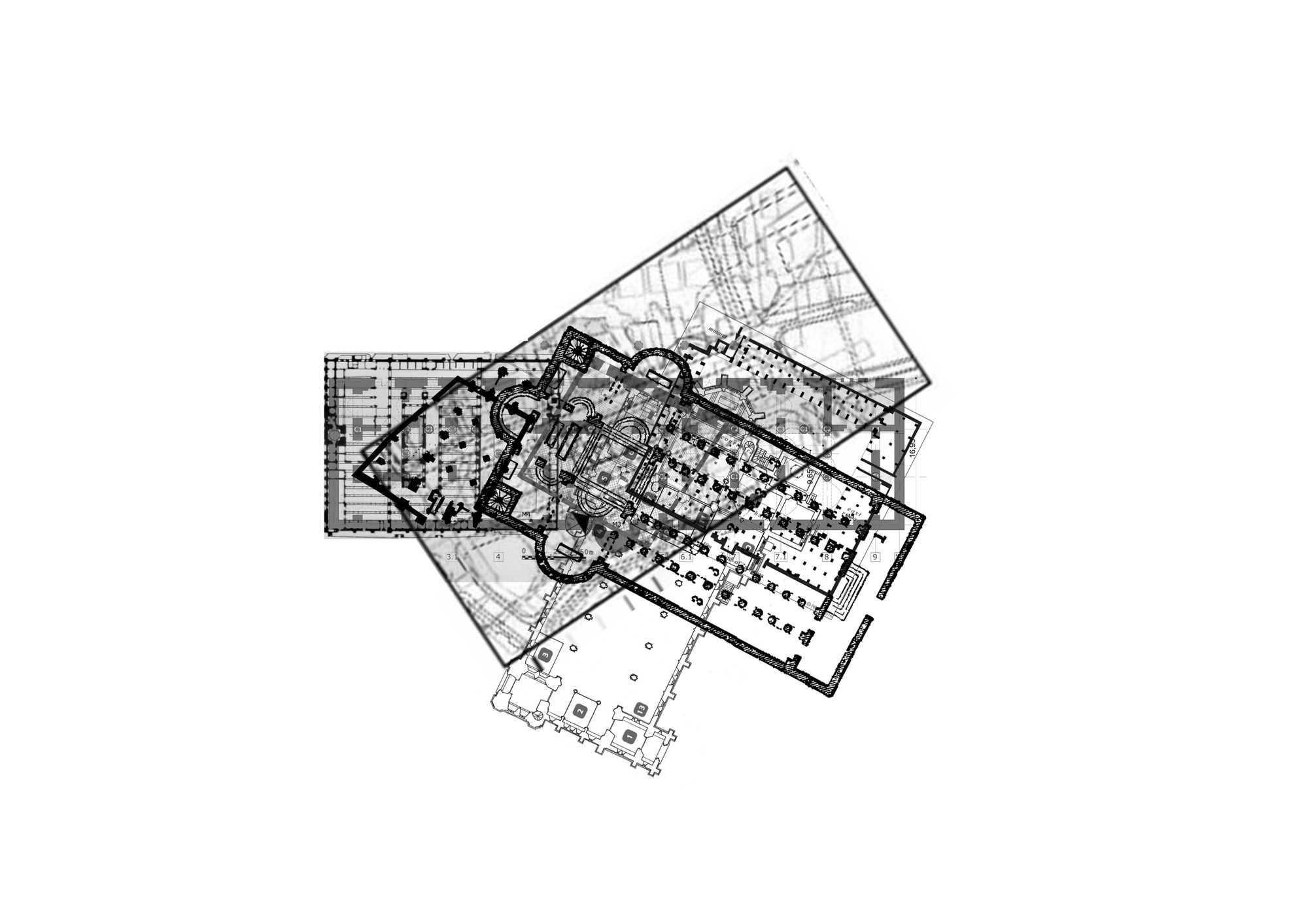Composite plan drawing overlaying multiple floors with columned halls and curving interior walls