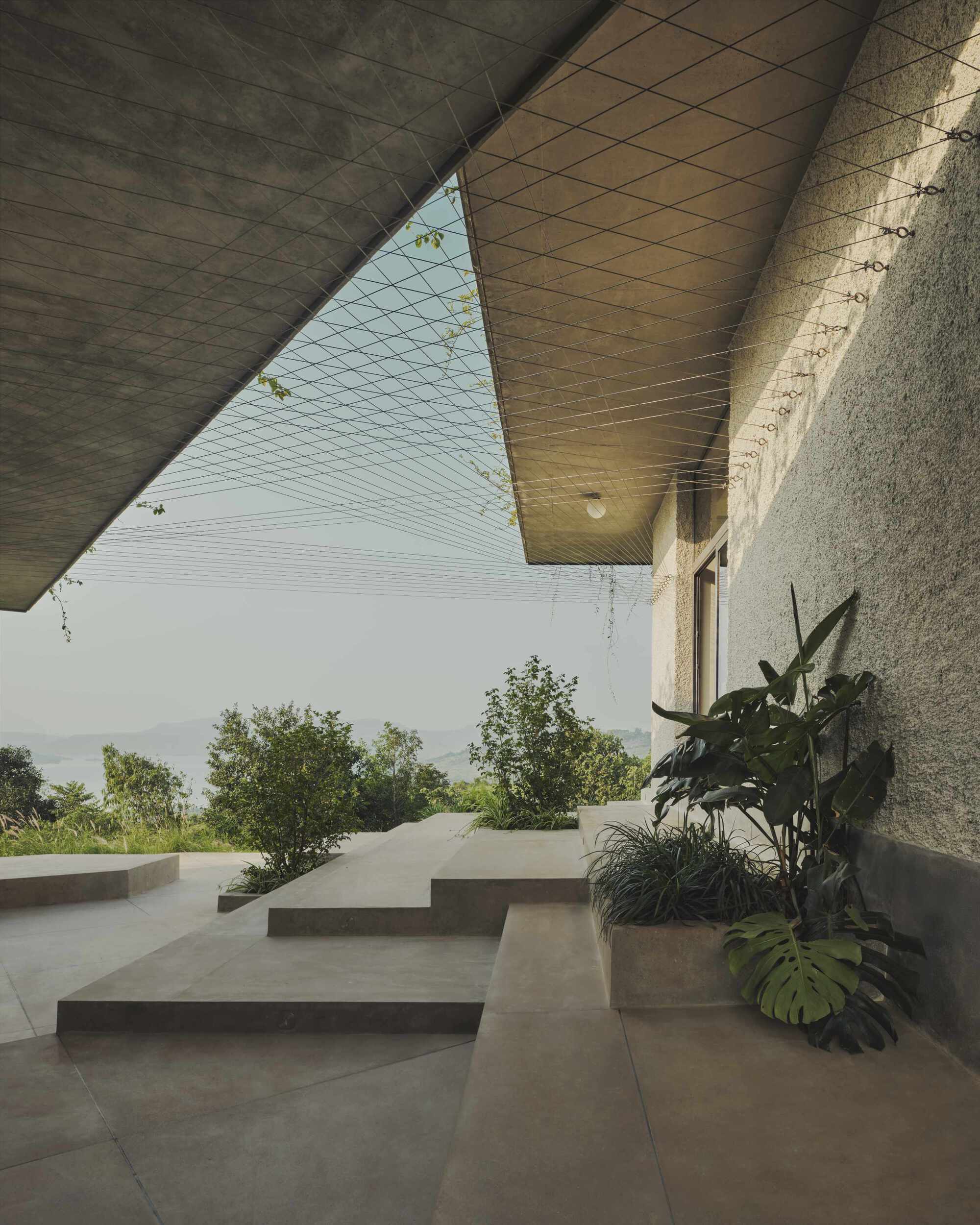 Covered terrace with folded concrete soffit and cable tensioning overlooking a landscape beyond planted beds