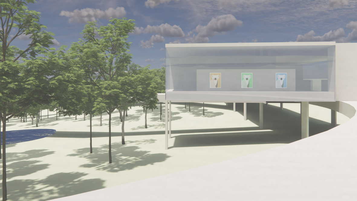 Raised modular pavilion integrated within existing forest without disturbing ground ecology.