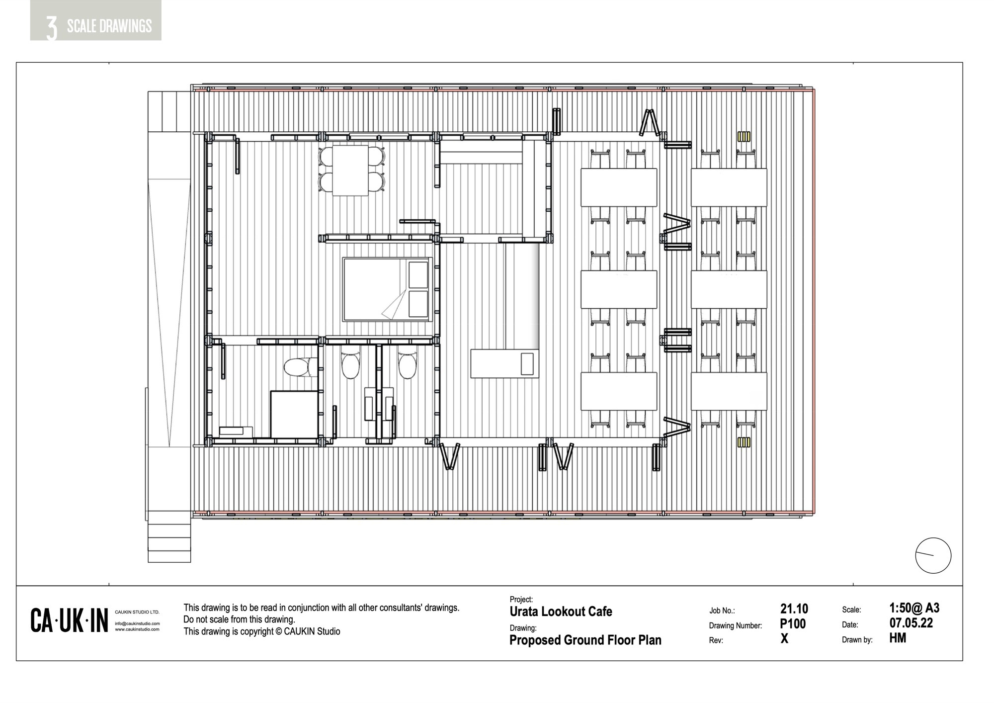 Ground floor plan drawing showing rectangular structure with dining area and service spaces