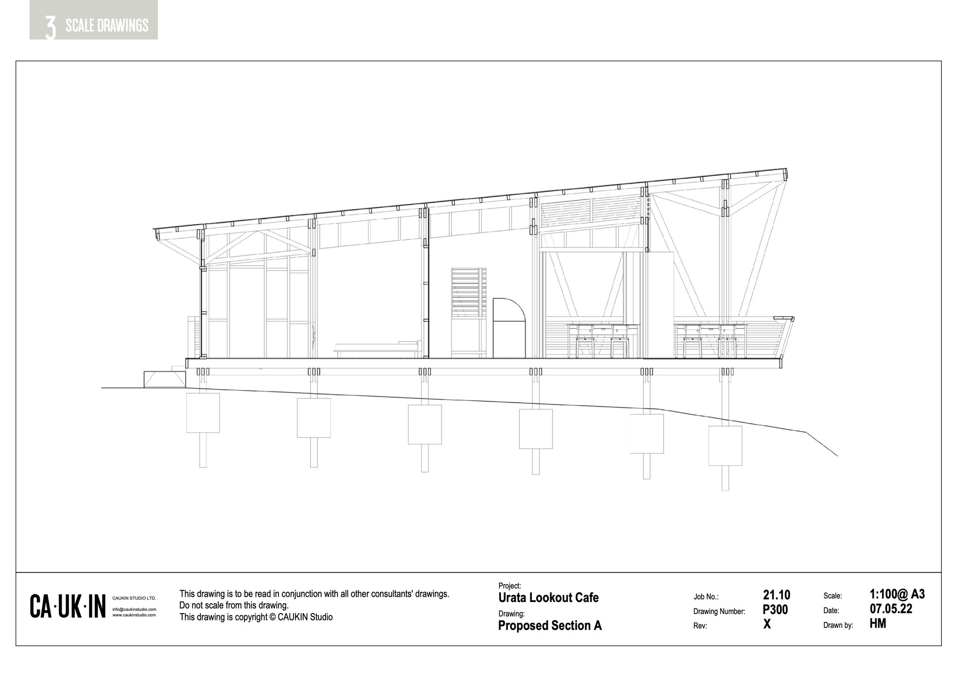 Section drawing showing sloped roof supported by columns on elevated foundation