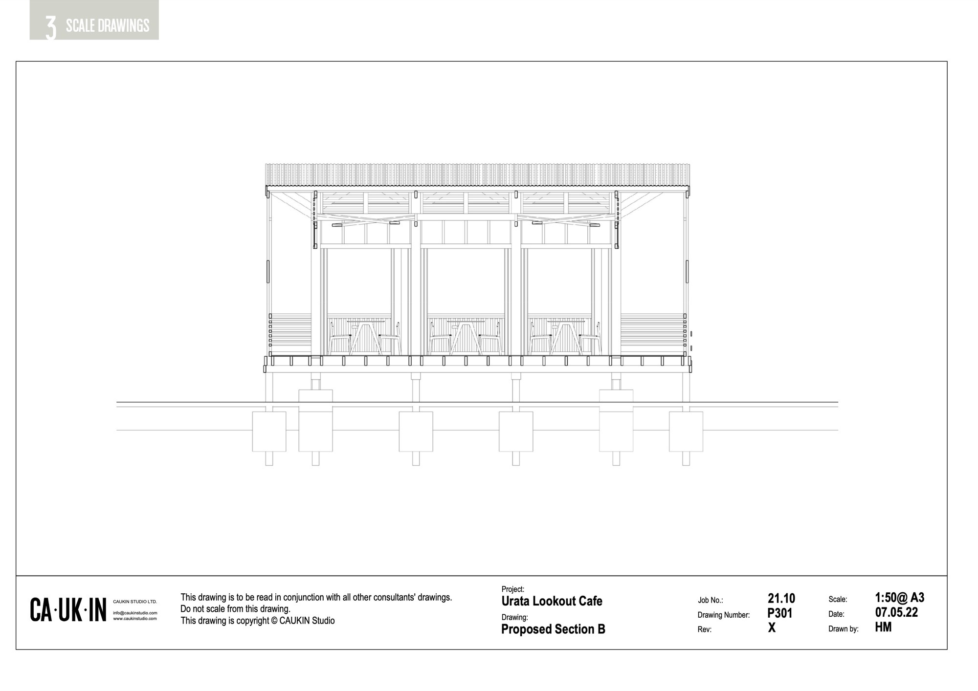 Section drawing showing interior seating arrangement with three bay windows beneath overhanging roof
