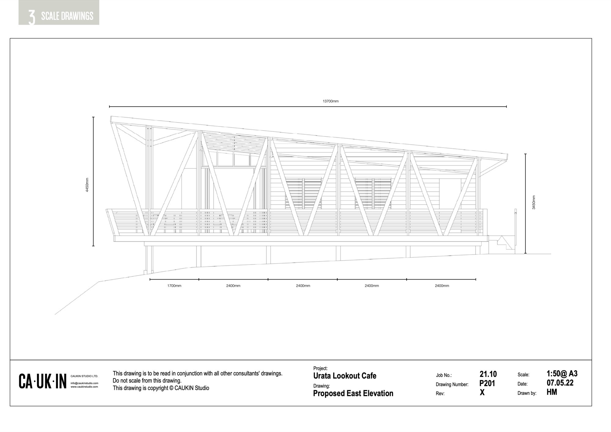 East elevation drawing showing triangular bracing and horizontal slats across the full length
