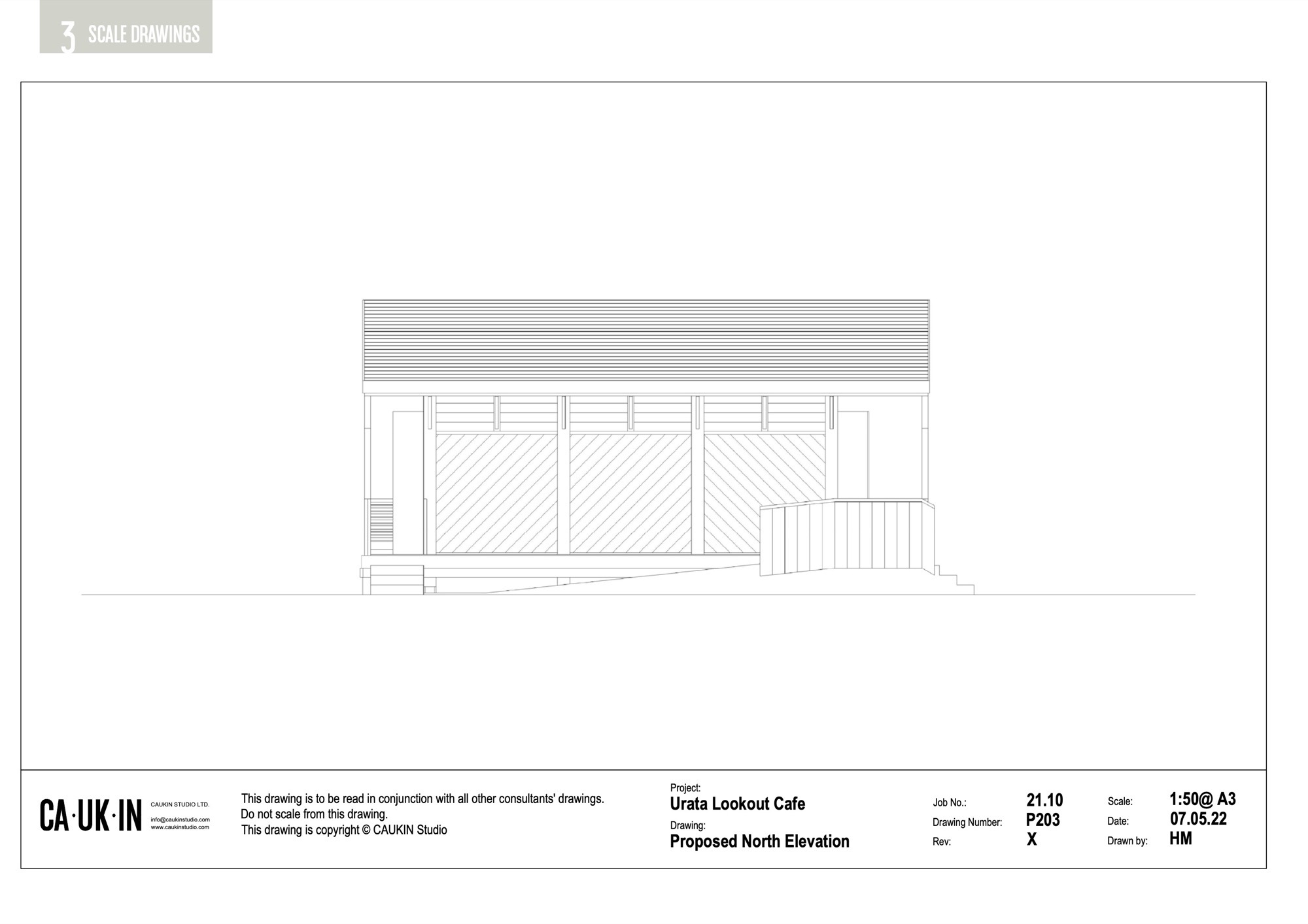North elevation drawing showing horizontal banding above a glazed facade with hatched panel infill