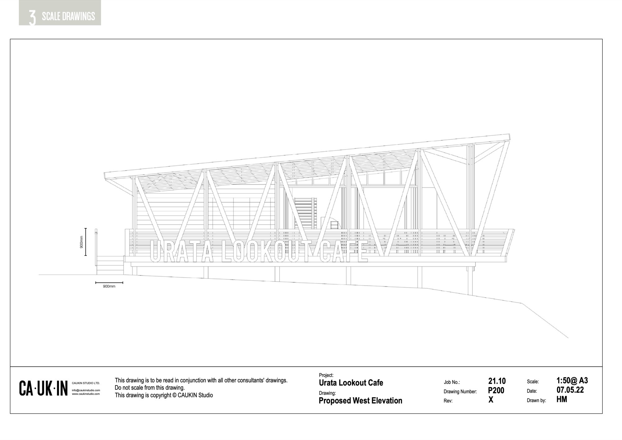 West elevation drawing showing exposed structural frame with triangular bracing and elevated floor plate