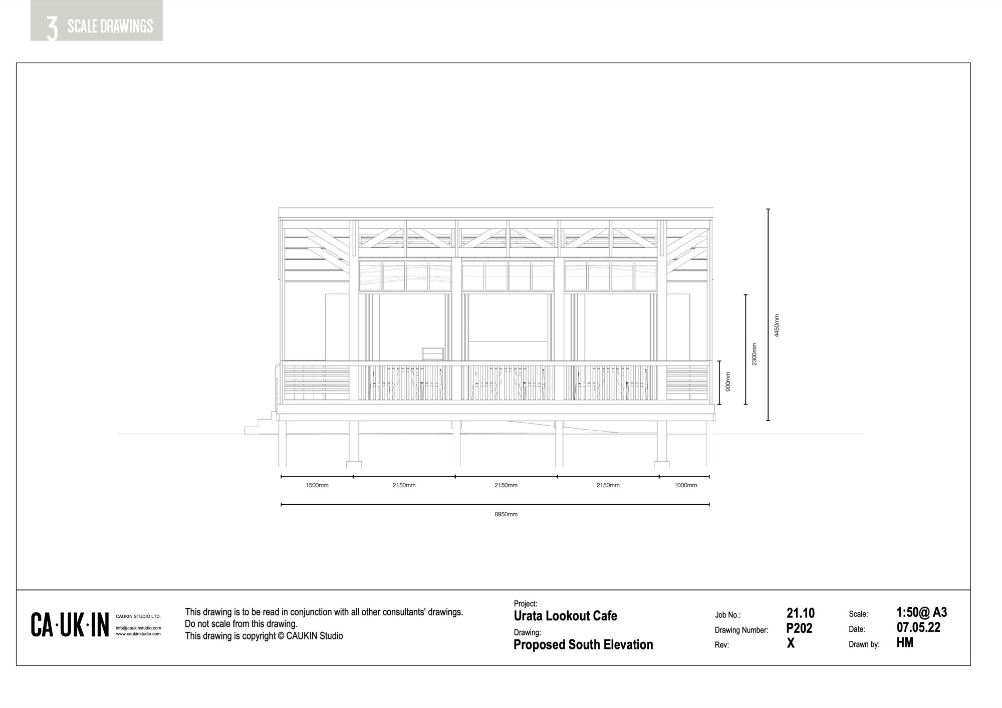 South elevation drawing showing symmetrical glazed facade with patterned balustrade below and dimensional annotations