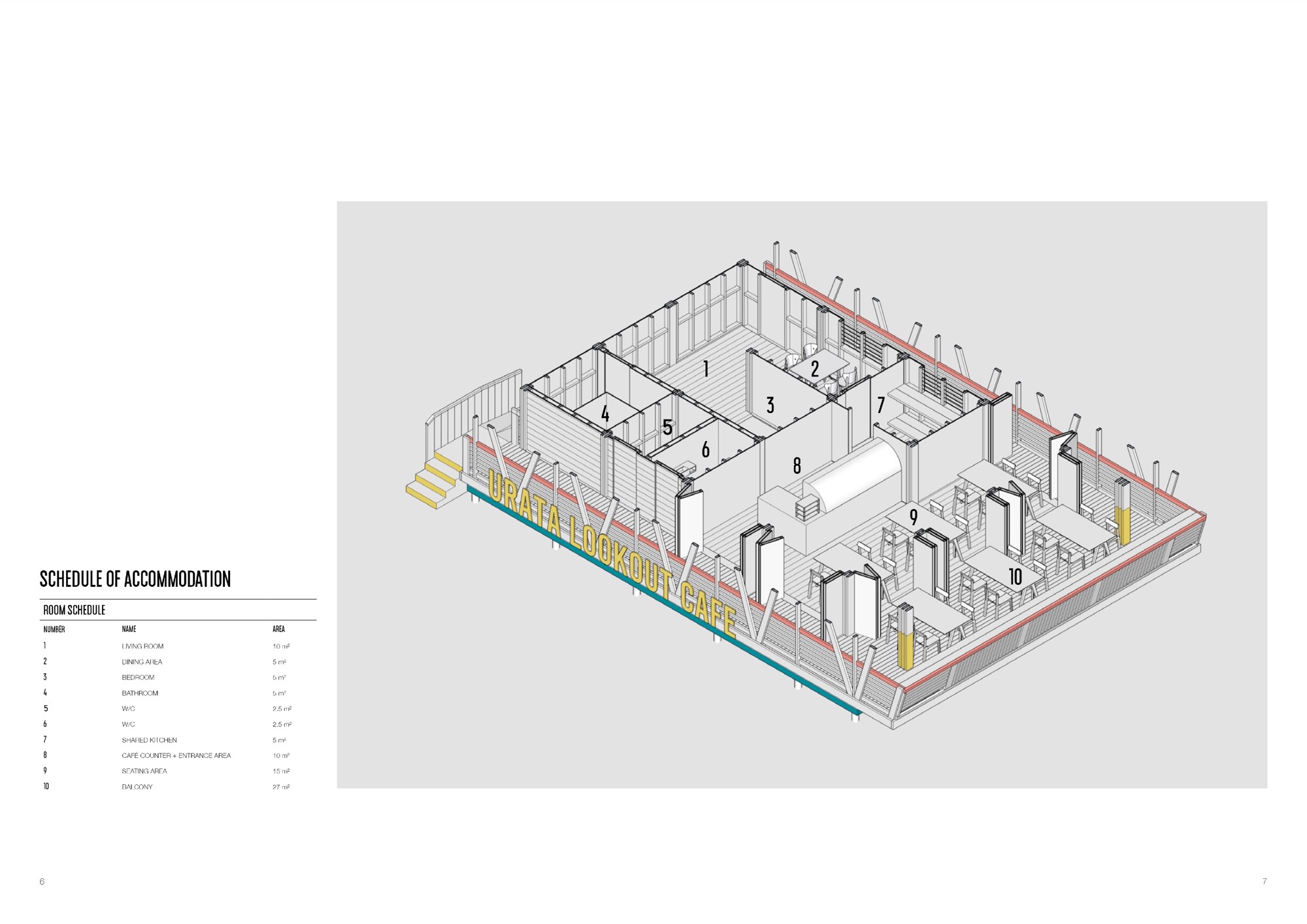 Isometric drawing showing interior room layout with numbered spaces and color-coded signage wrapping the perimeter