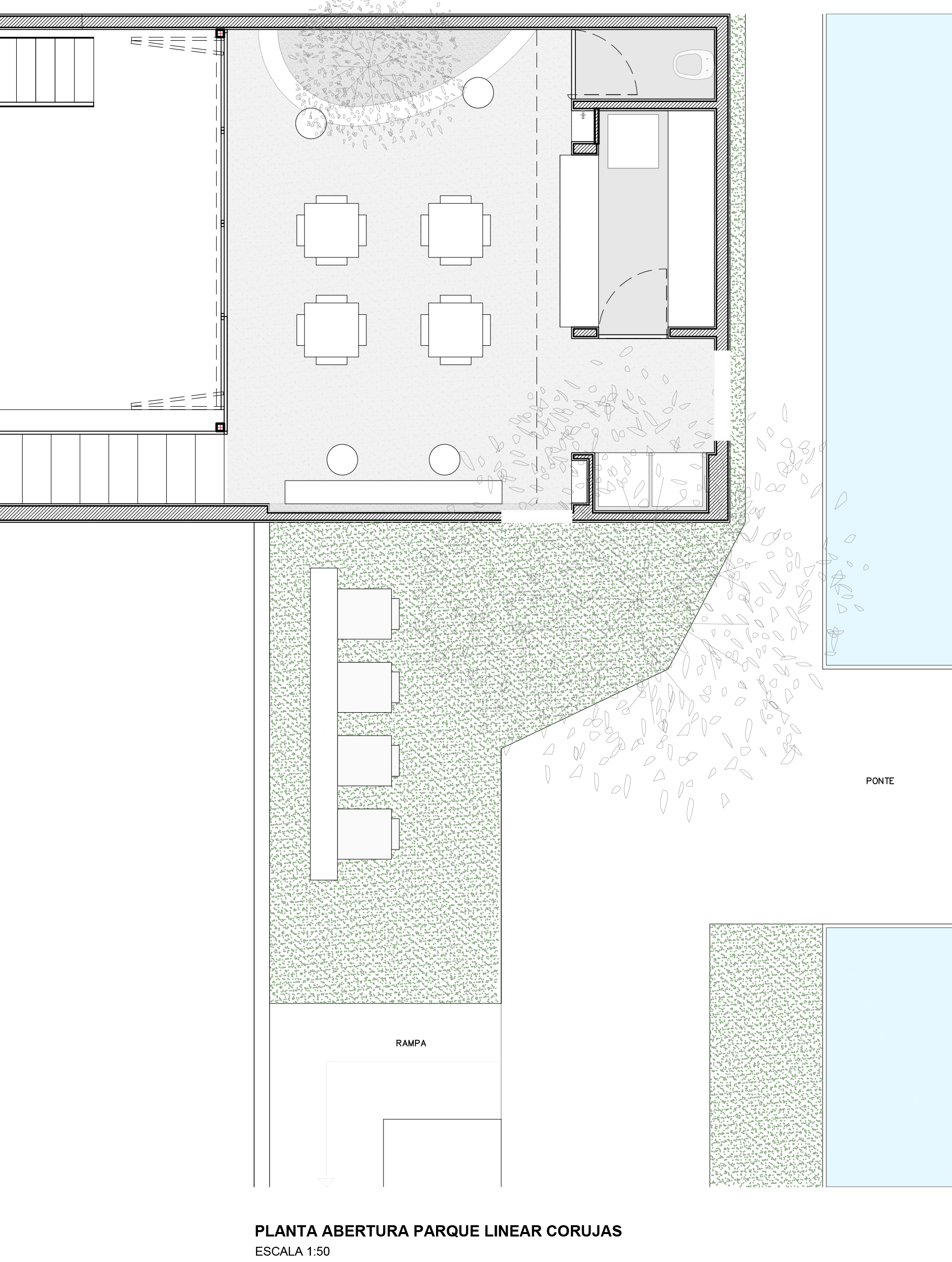 Floor plan drawing showing courtyard dining area with gravel paving and interior service zones
