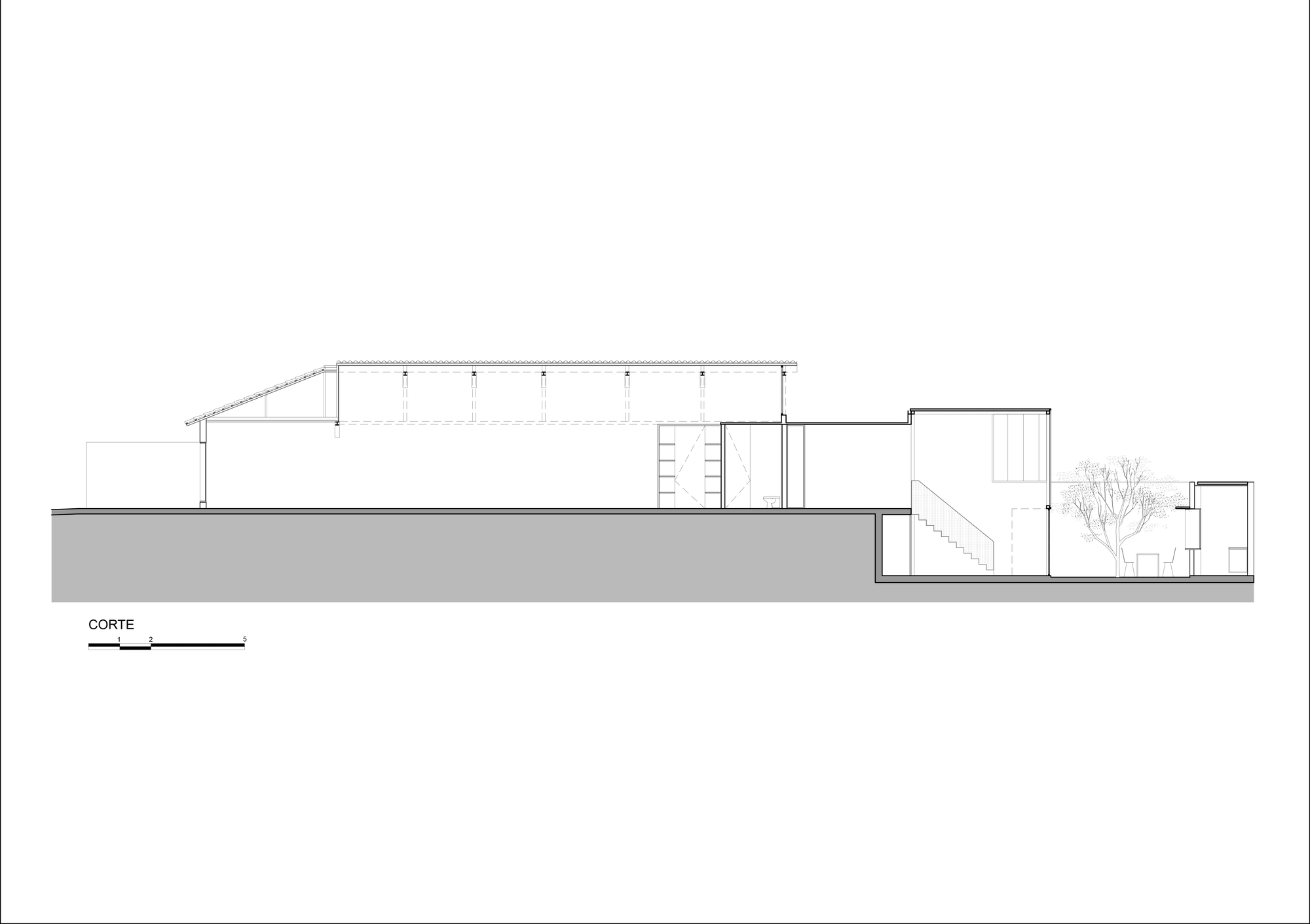 Section drawing showing a split-level interior with a sloped roof and a courtyard tree