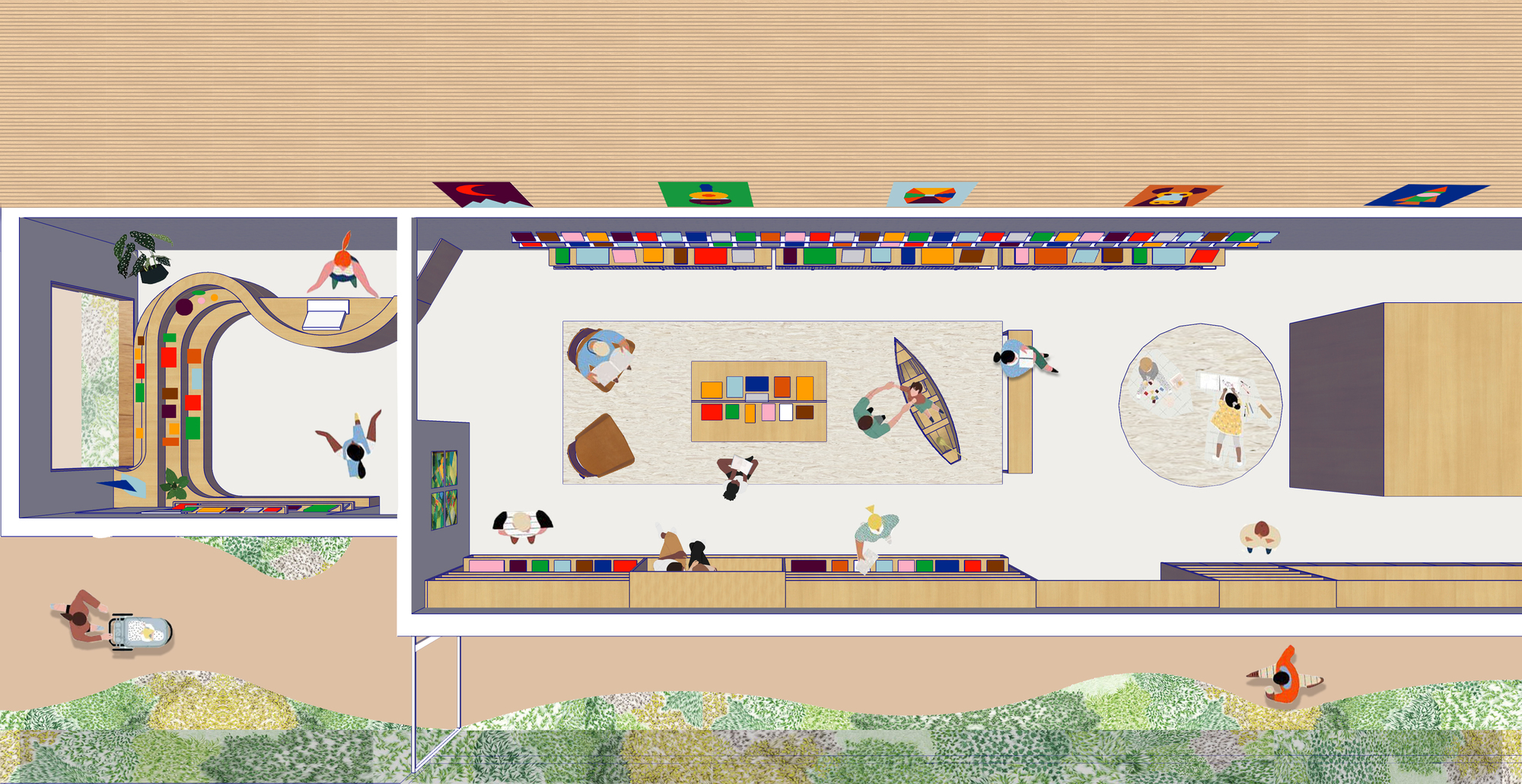 Plan rendering showing children in a reading room with colorful storage and a planting bed outdoors