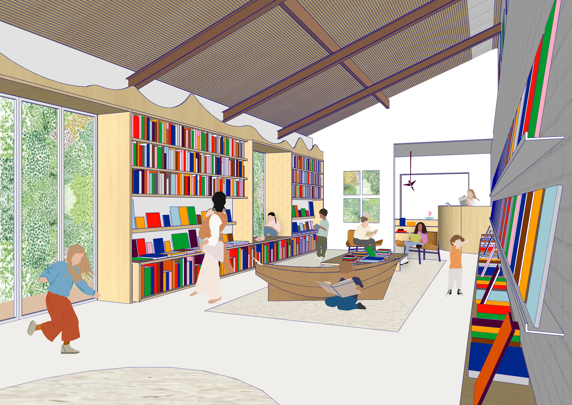 Interior rendering of a library room with exposed timber beams, colorful shelves, and children reading