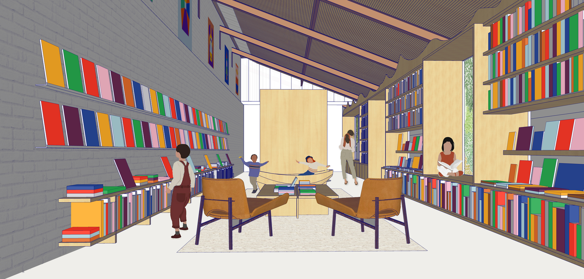 Interior rendering showing wooden reading desks surrounded by multicolored book spines on wall-mounted shelves