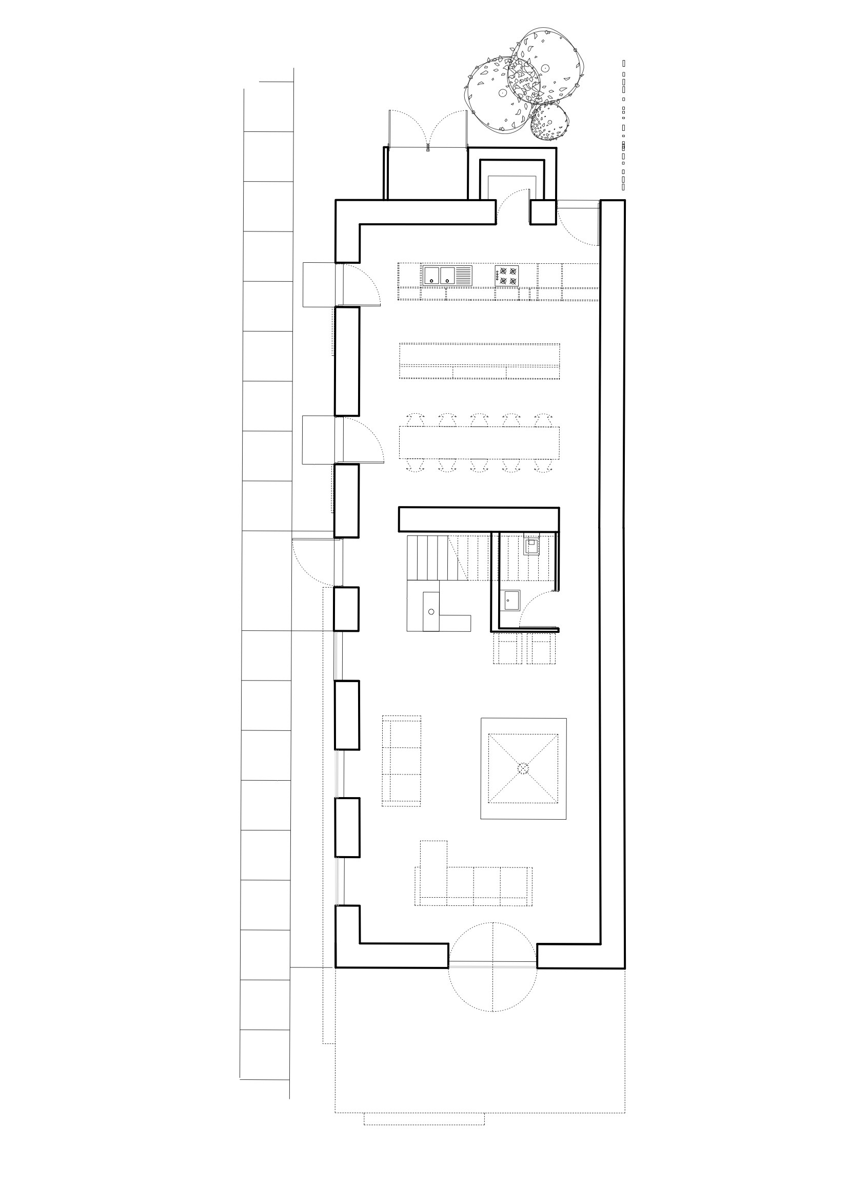 Ground floor plan drawing showing kitchen, dining area, and stair with adjacent tree