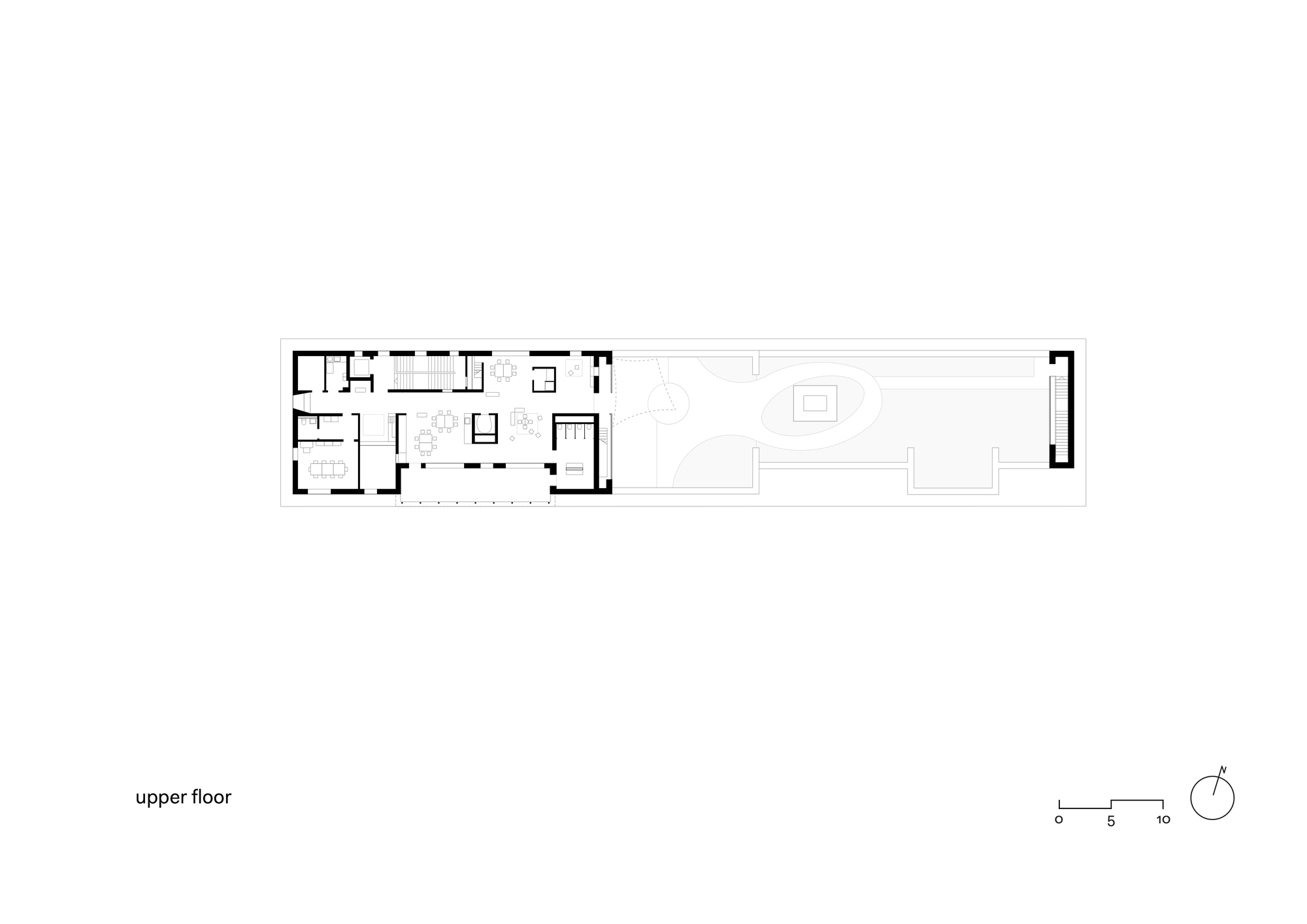 Upper floor plan drawing showing compact living spaces with large terrace and roof access