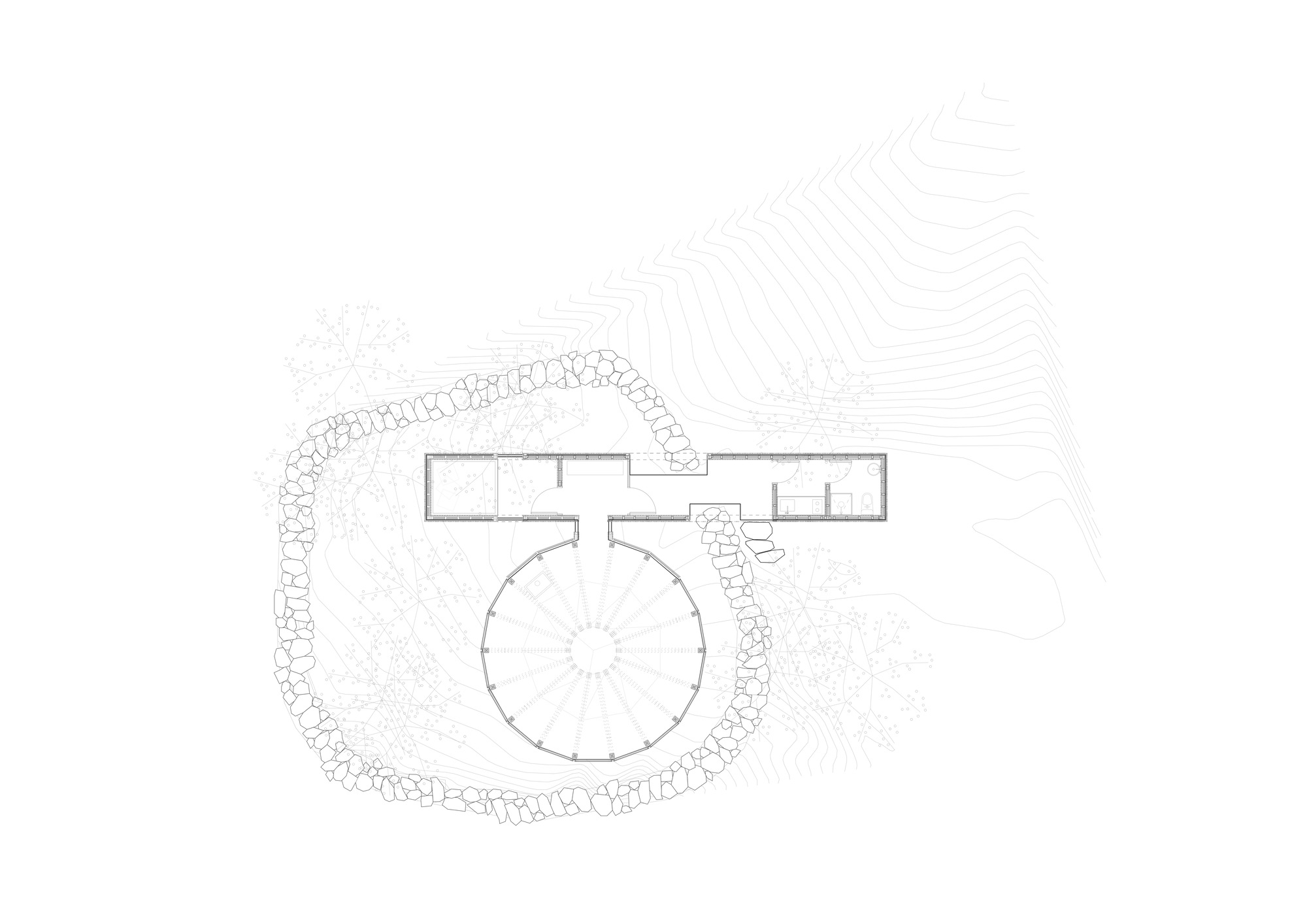 Site plan drawing showing circular pavilion with radiating roof structure linked to rectangular wing by stone wall