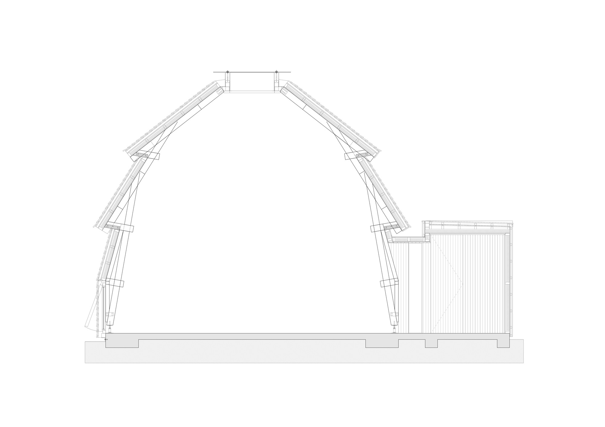 Section drawing showing conical roof with exposed timber trusses and rectangular service volume