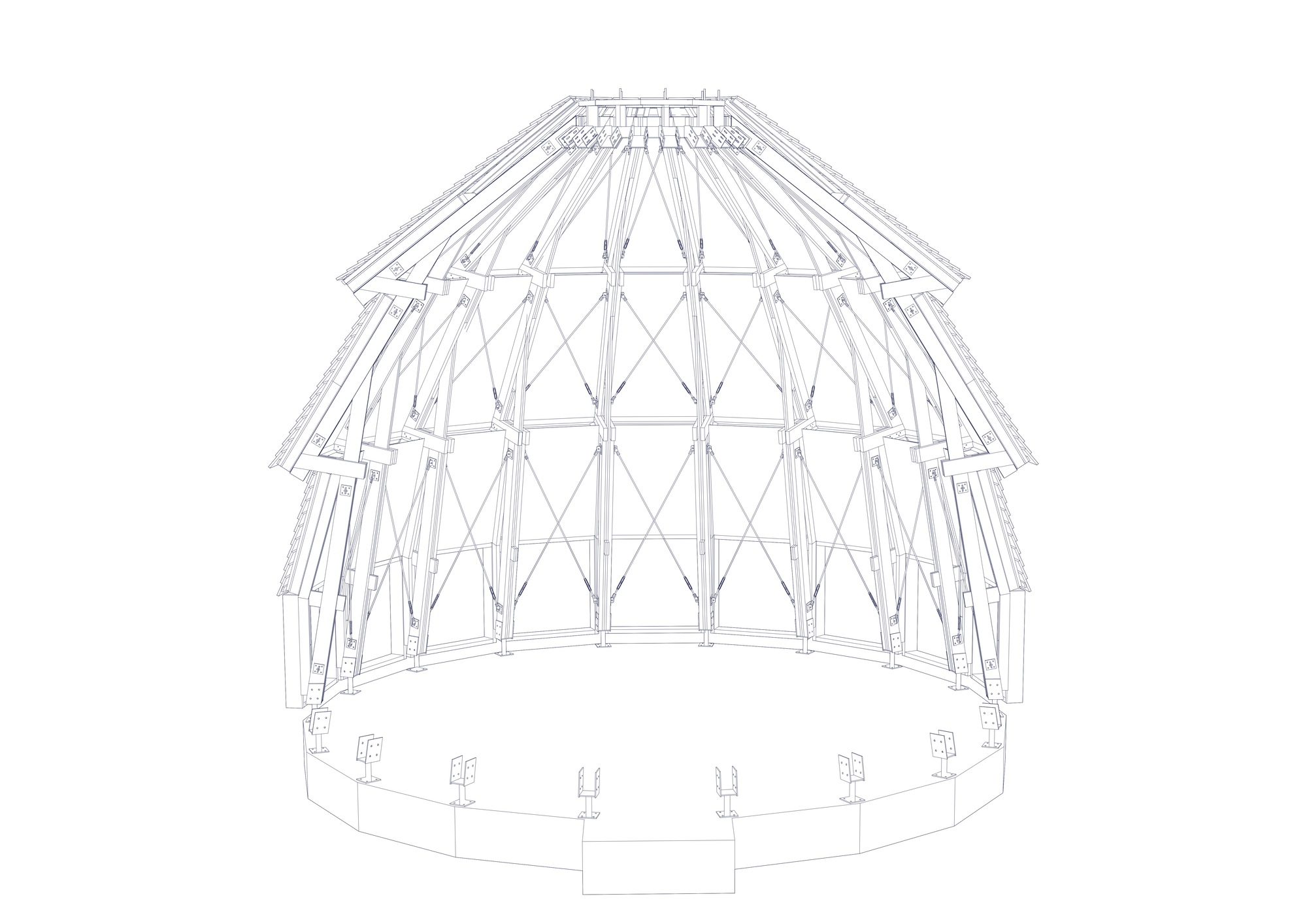 Axonometric drawing revealing the layered triangulated timber frame structure supporting the conical roof