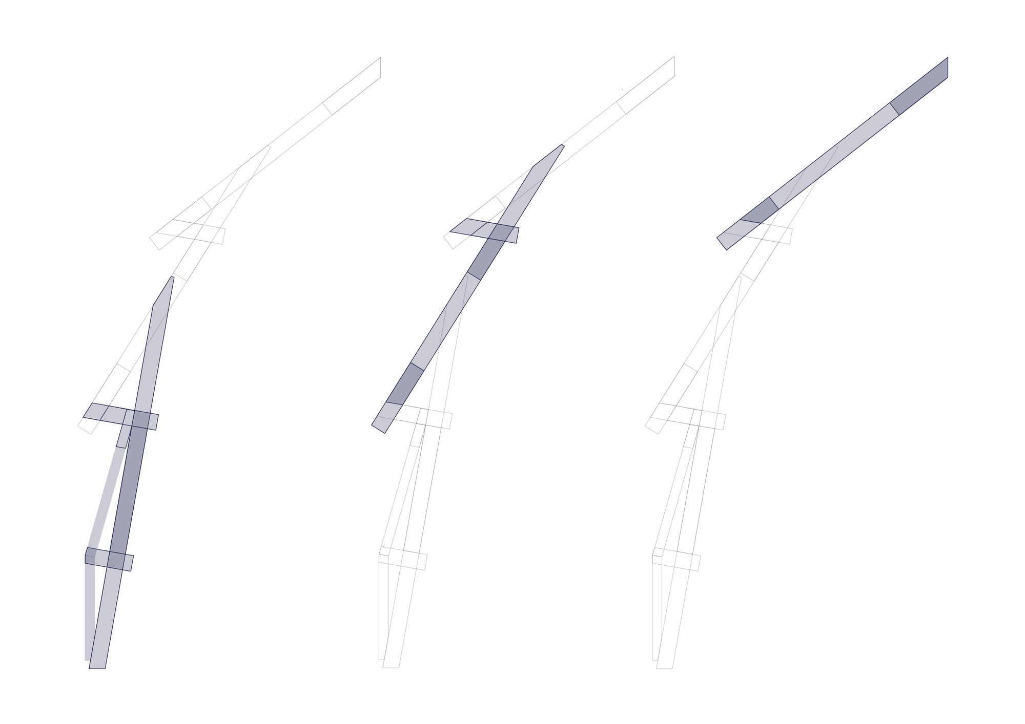 Diagram showing three variations of the angled timber roof truss assembly and connection details