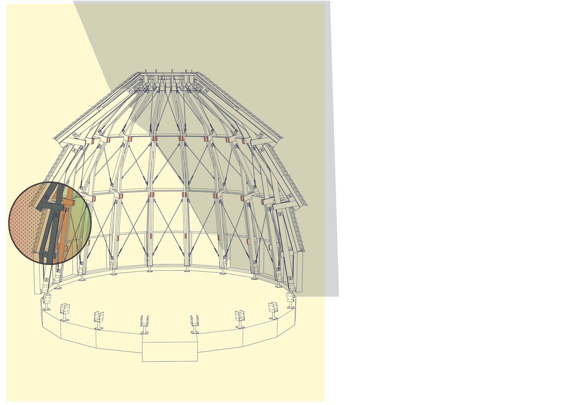 Axonometric drawing of a domed timber frame structure with triangulated roof trusses and circular base platform