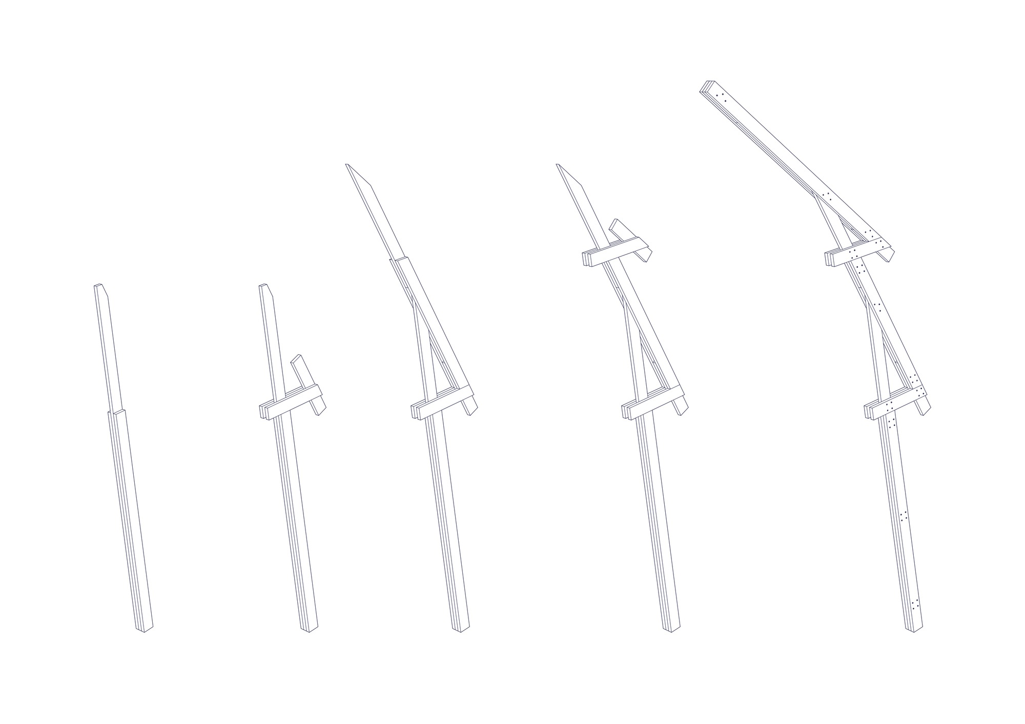 Diagram showing five angled timber support struts with horizontal cross-bracing connections in progressive tilting sequence
