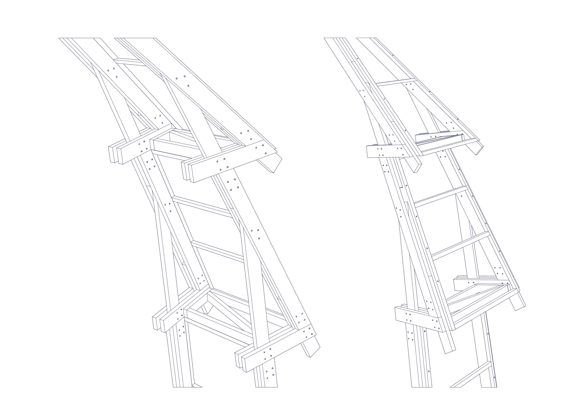 Isometric detail drawings of two angled timber frame modules with diagonal bracing and horizontal connection points