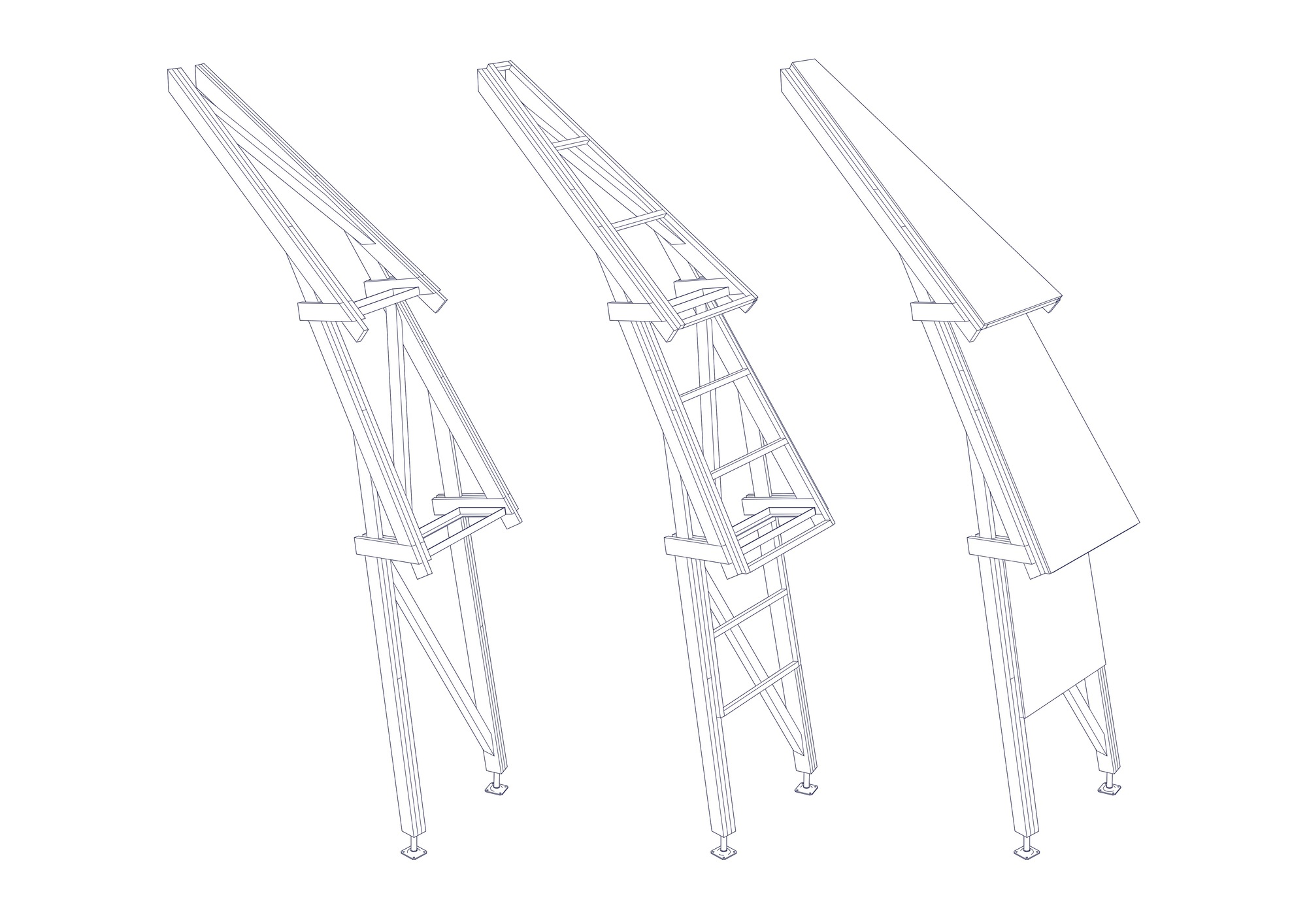Axonometric sequence showing three stages of a tilting timber frame element from structural skeleton to panel-clad assembly