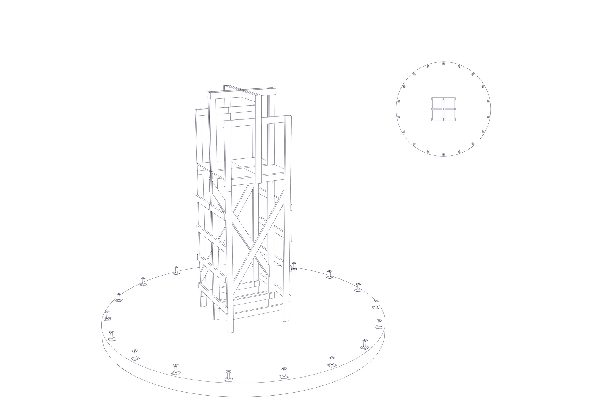 Isometric drawing of a square timber core tower on a circular platform with accompanying plan view