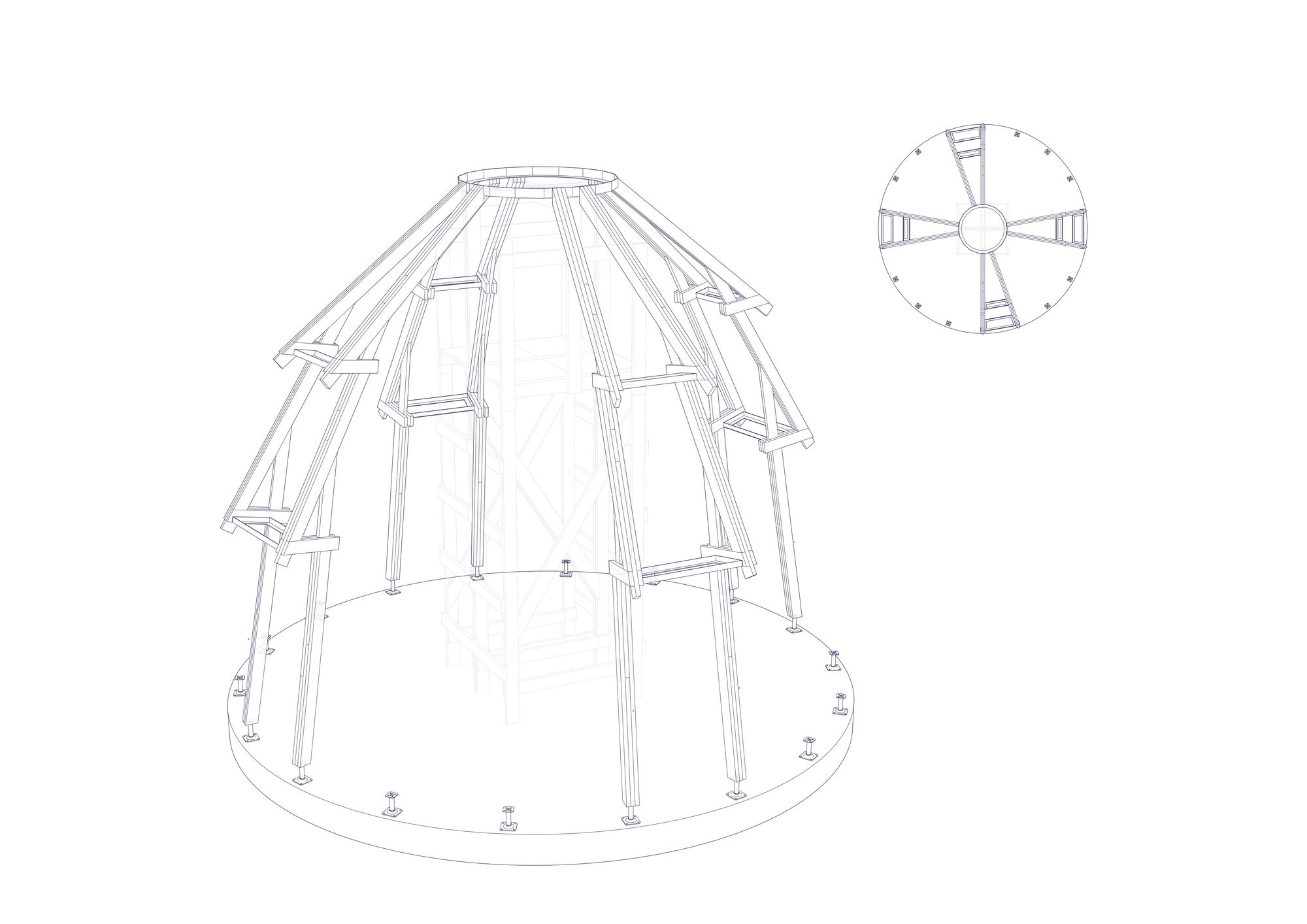 Isometric drawing of a conical timber frame with radial slanted panels and accompanying roof plan diagram