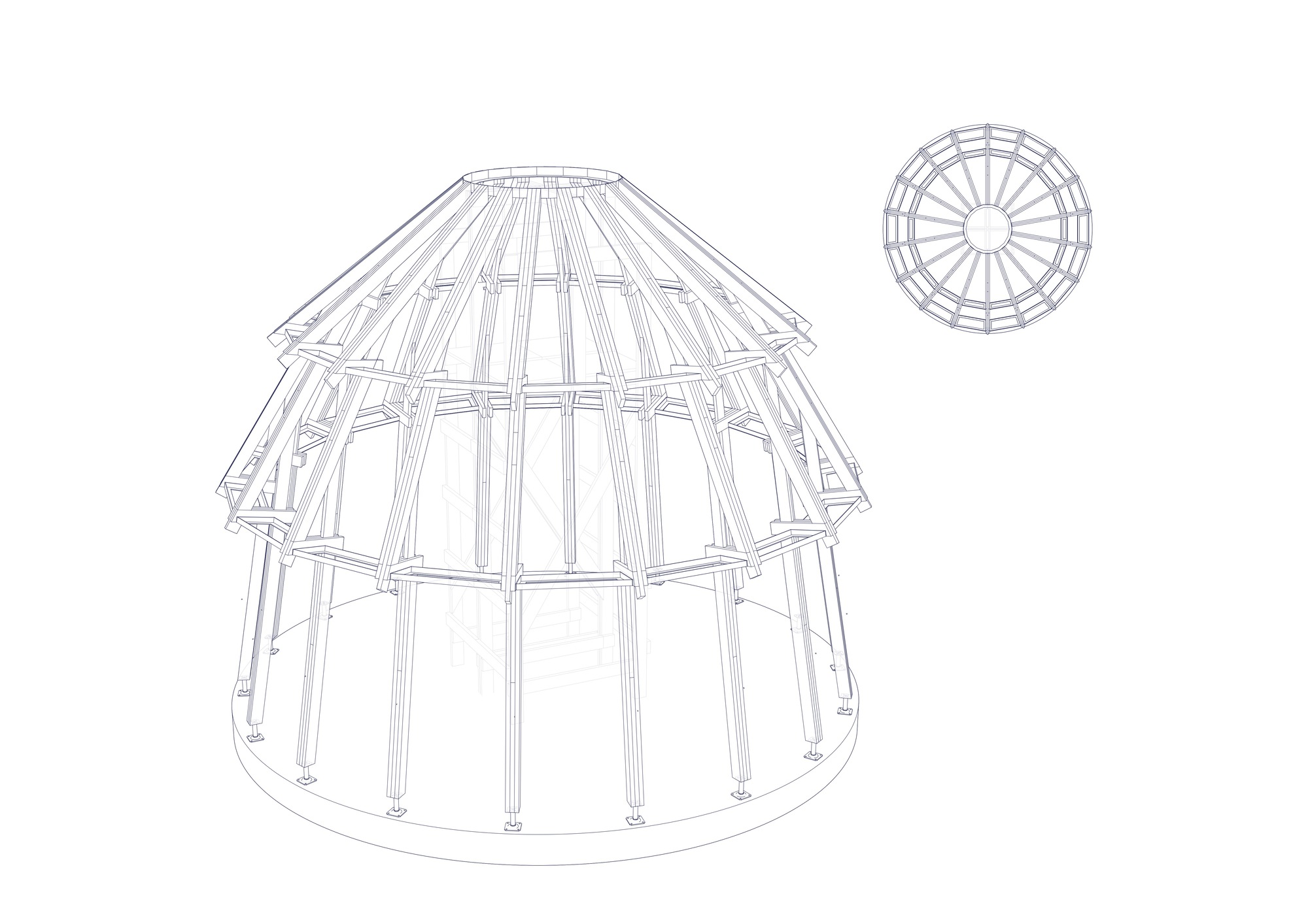 Axonometric drawing showing a conical timber-framed structure with radial columns and tiered roof framing