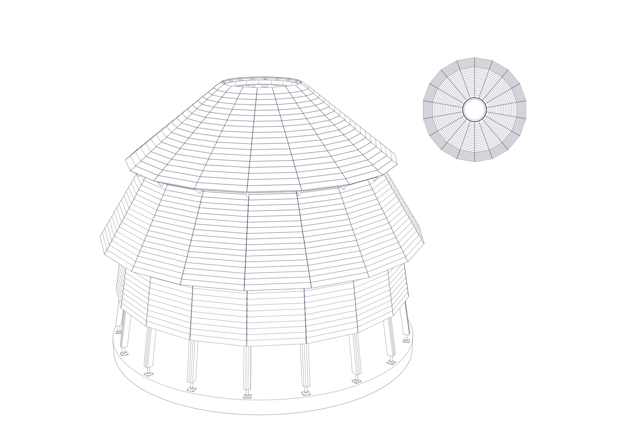 Axonometric drawing showing the same conical structure with horizontal cladding panels spanning between the tiers