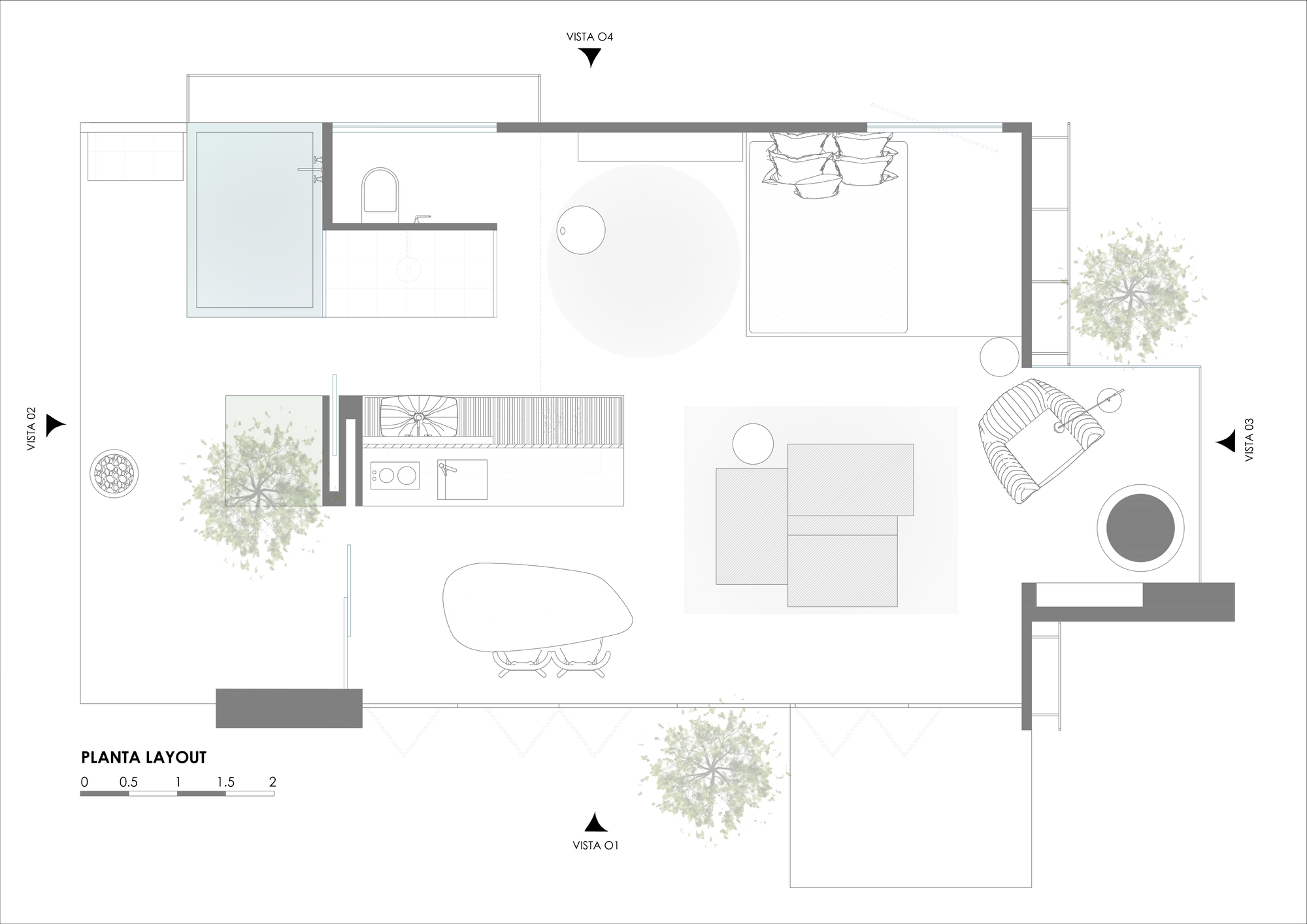 Floor plan drawing showing open living area with kitchen, bathroom suite and planted courtyard spaces