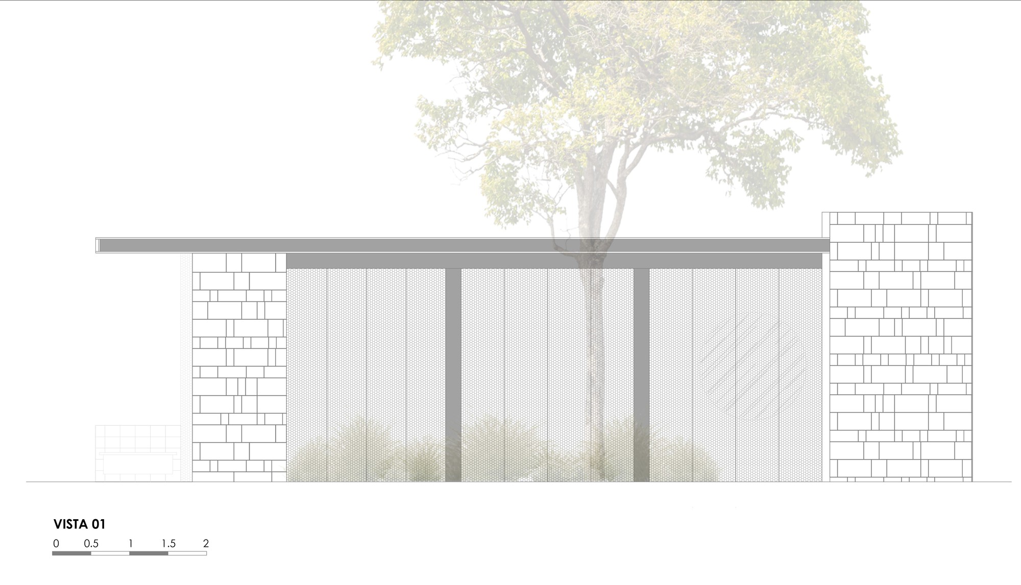 Elevation drawing showing low pavilion with block walls and sliding panels beneath a large tree