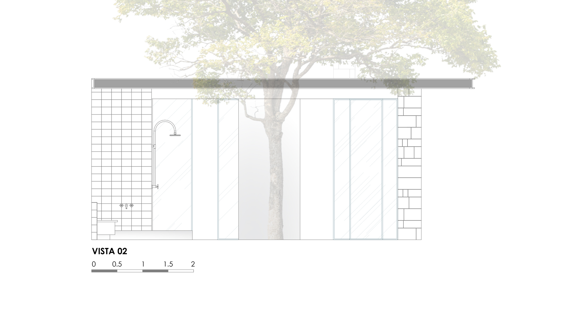 Elevation drawing showing outdoor shower detail with tile wall and vertical slat panels beside tree trunk