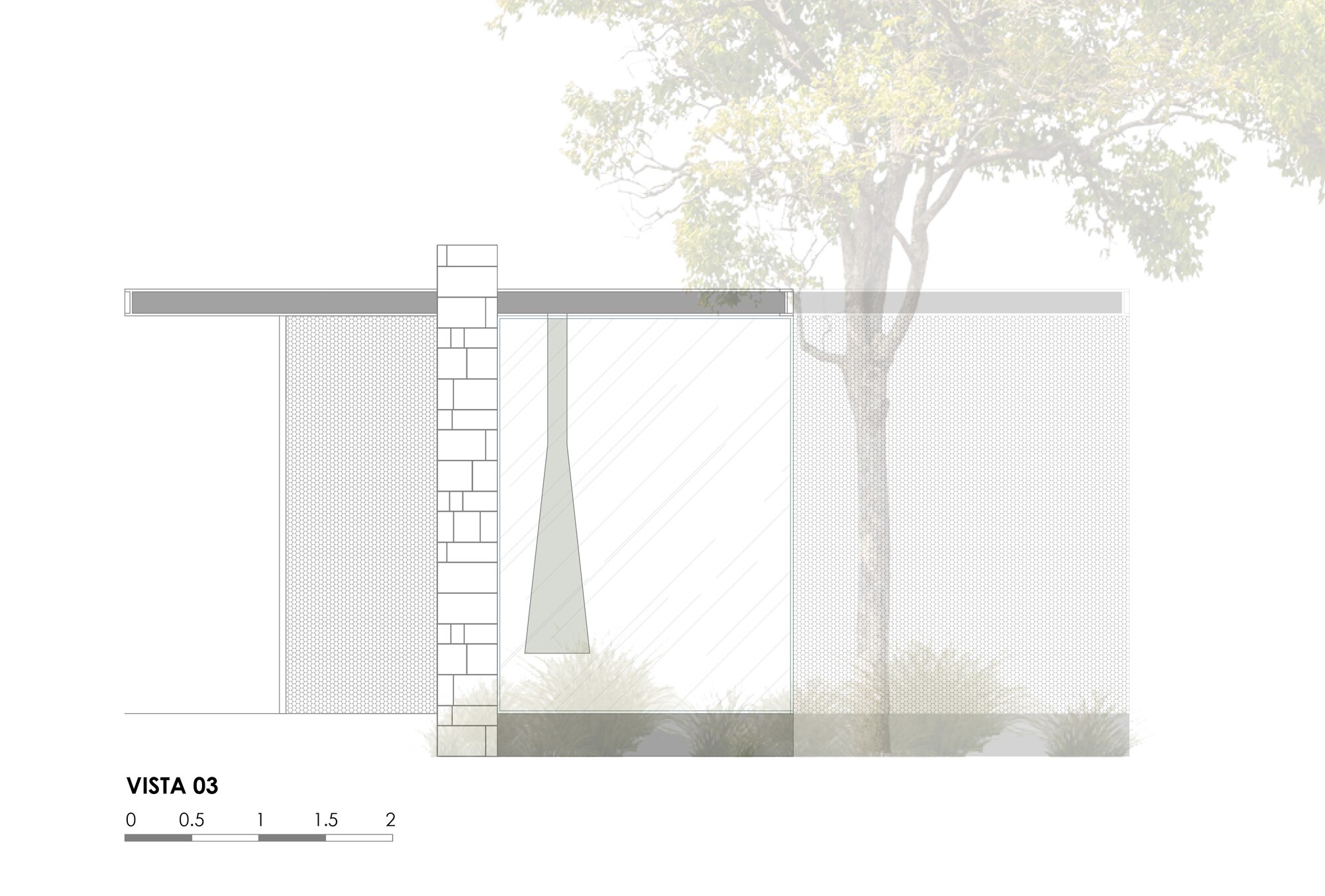 Section drawing showing a masonry wall and flat roof with a tree beyond
