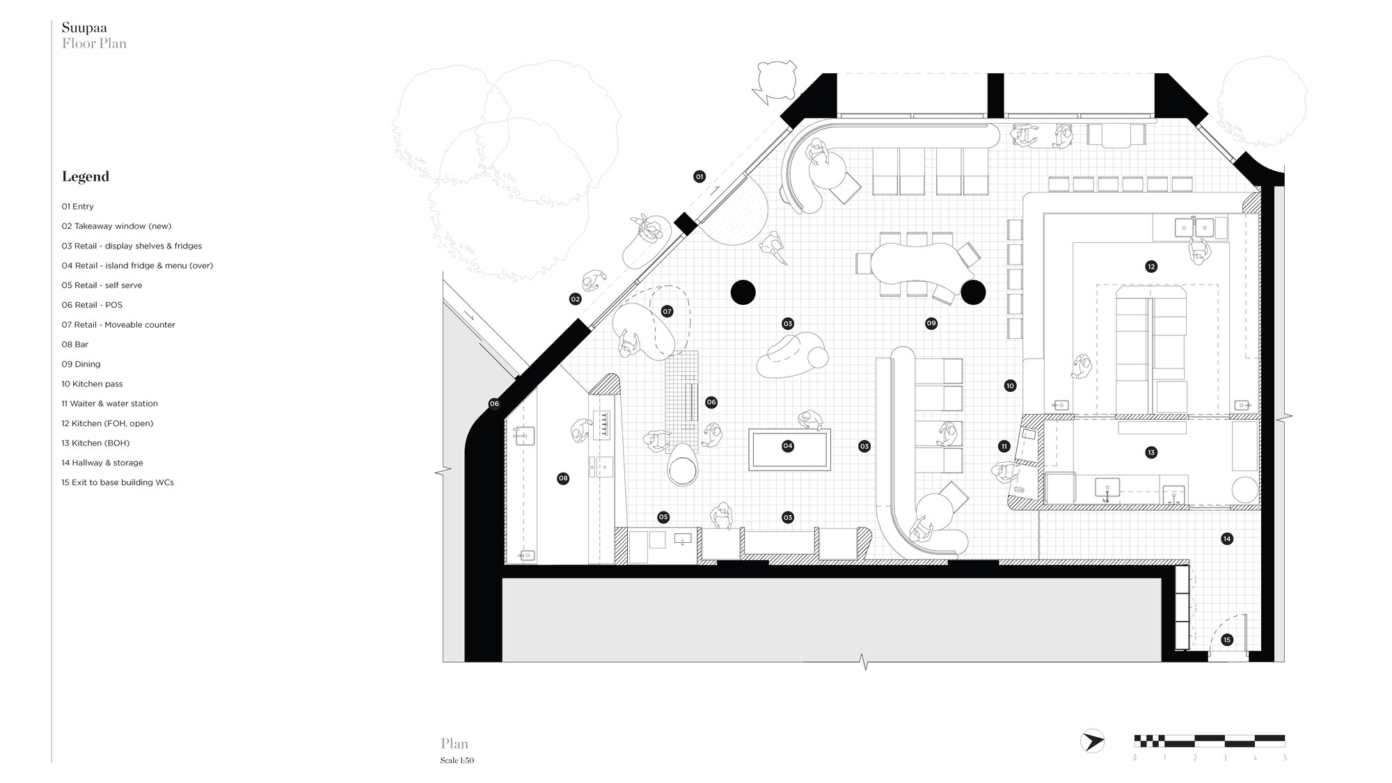 Floor plan drawing showing angled perimeter walls with dining and retail counter areas