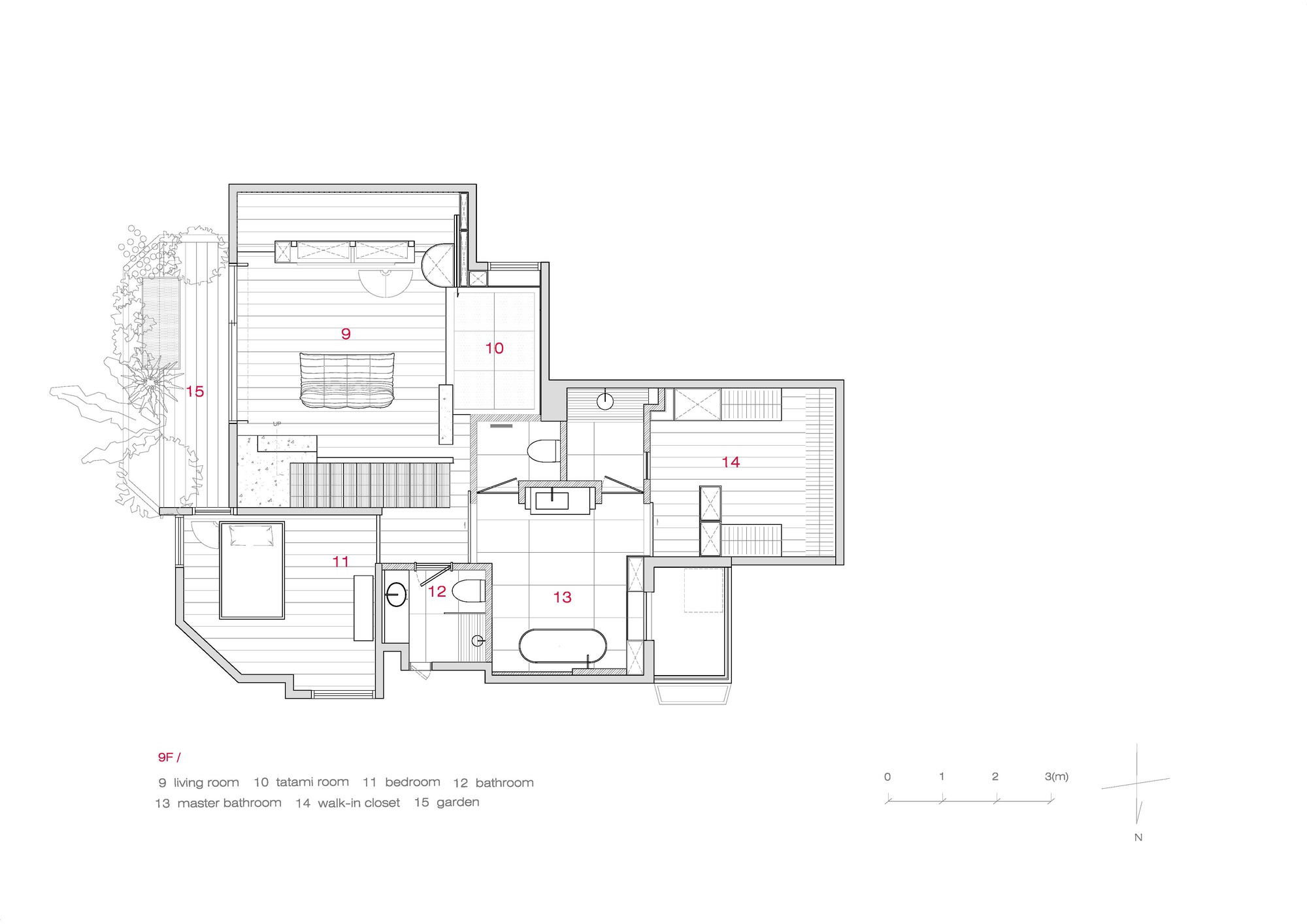 Floor plan drawing showing living room, bedrooms, bathrooms and garden in an angular layout