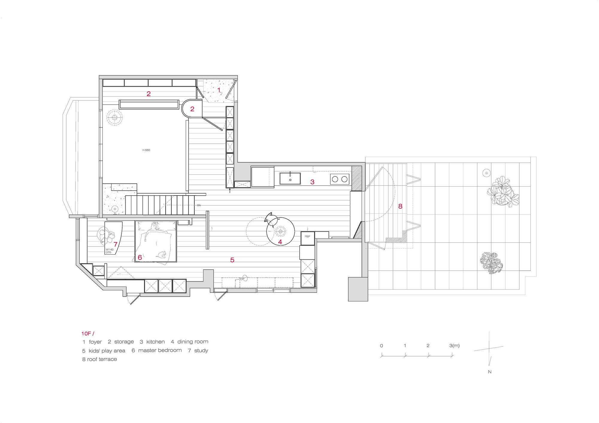 Floor plan drawing showing an L-shaped residence with labeled rooms and an attached terrace with trees