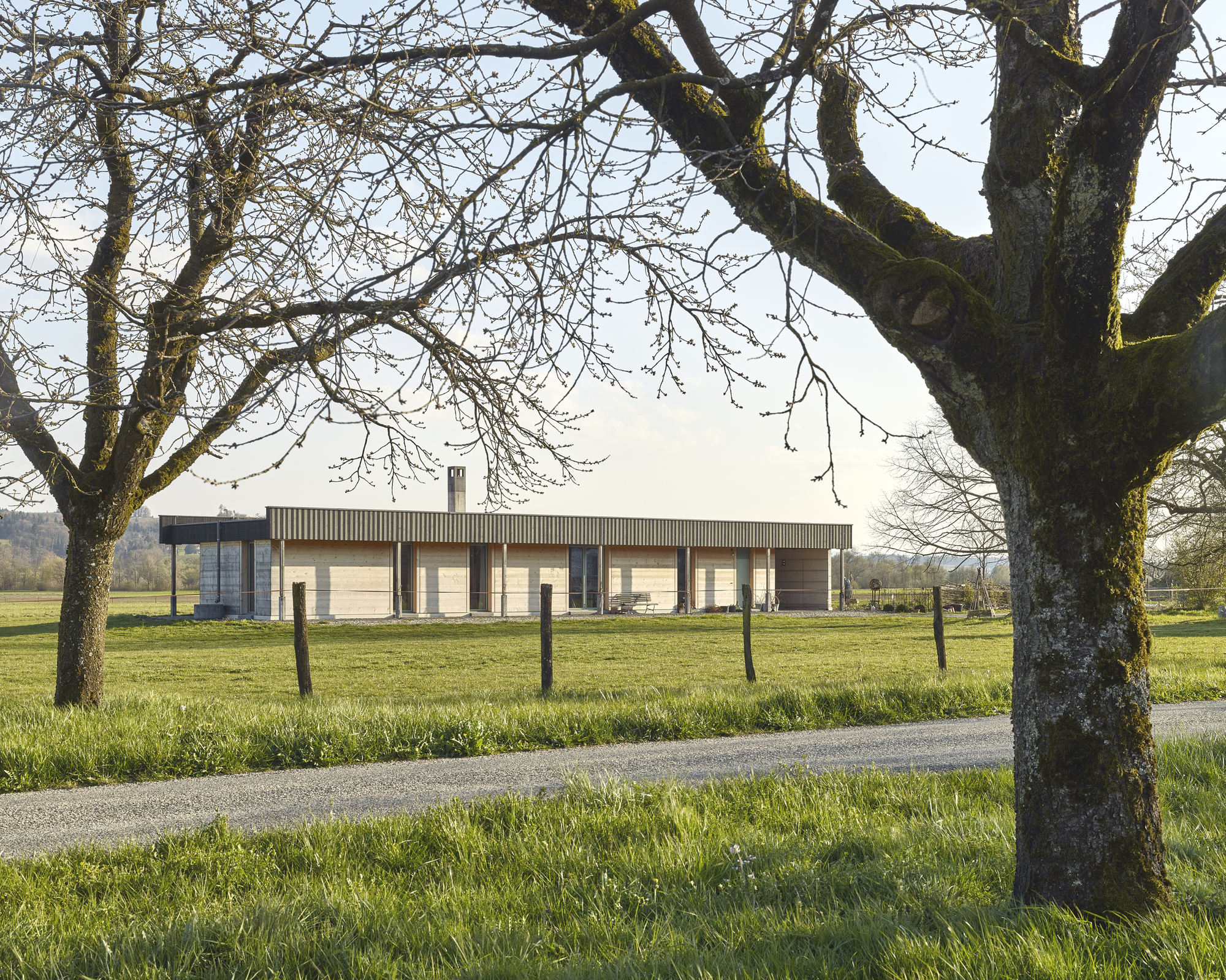 Long linear volume with corrugated metal and timber cladding seen across an open field framed by bare trees