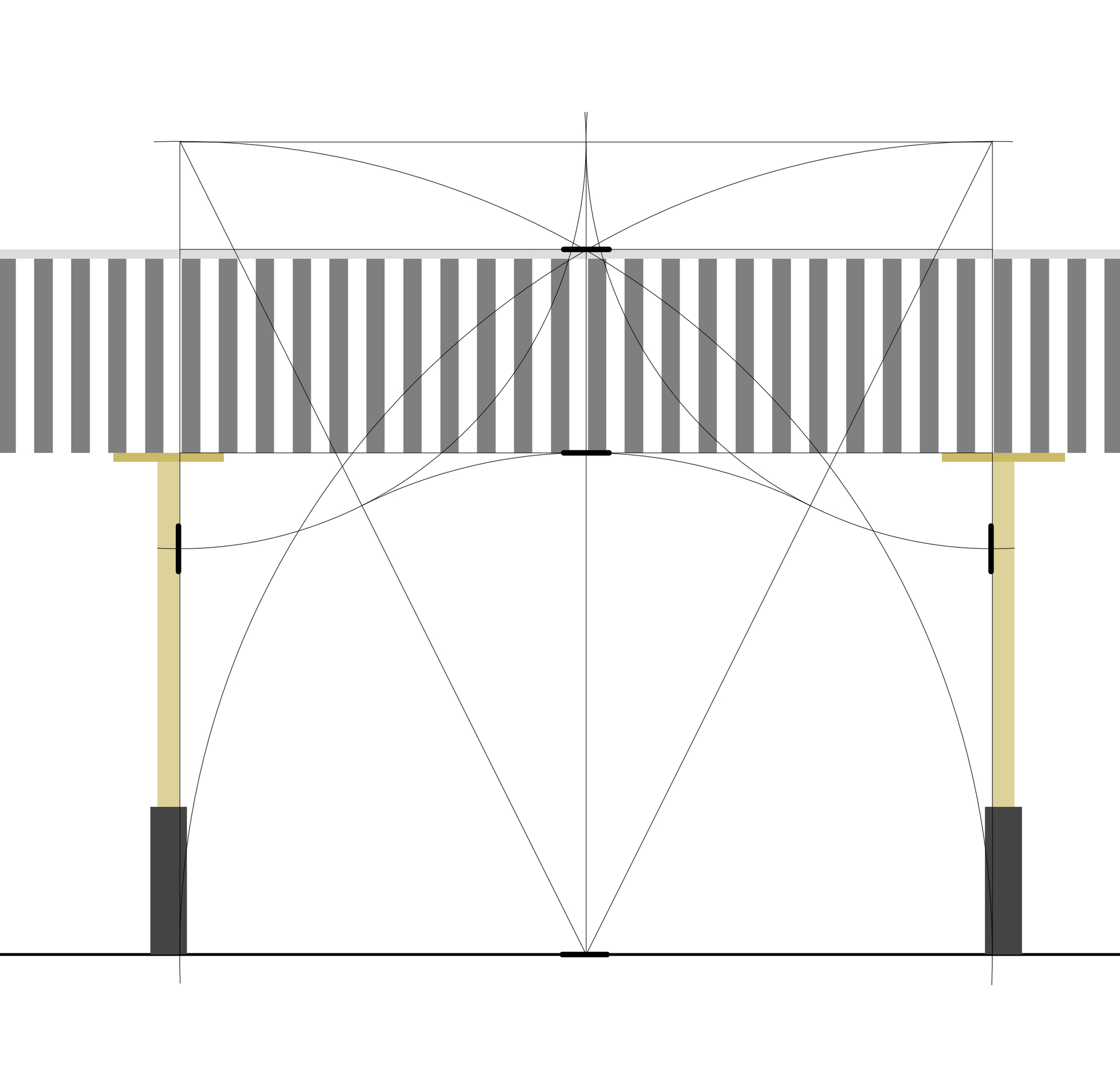 Elevation drawing showing a striped roof deck supported by columns with structural cable geometry