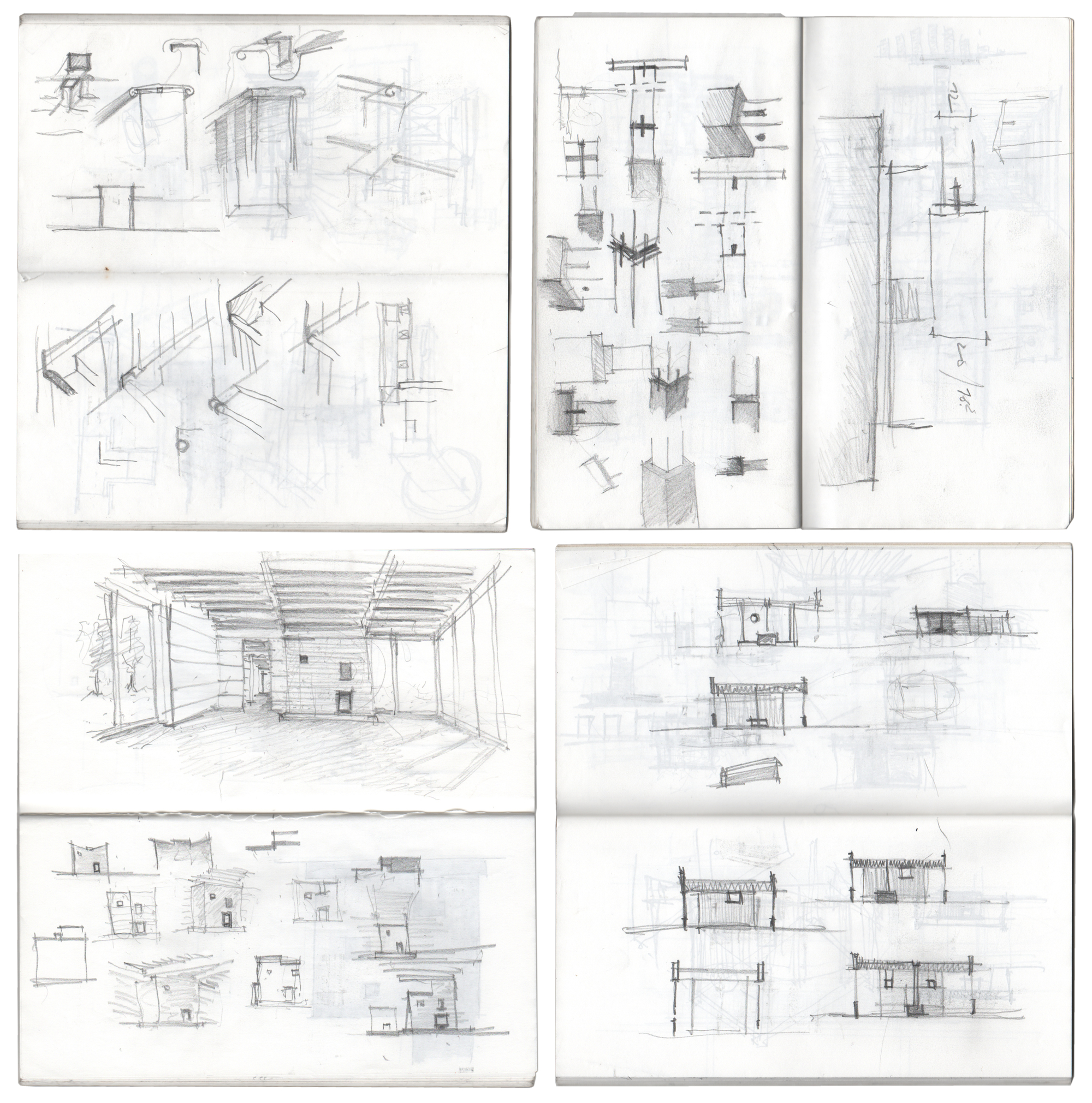 Sketchbook pages with hand-drawn studies of structural joints, roof framing, and interior perspectives