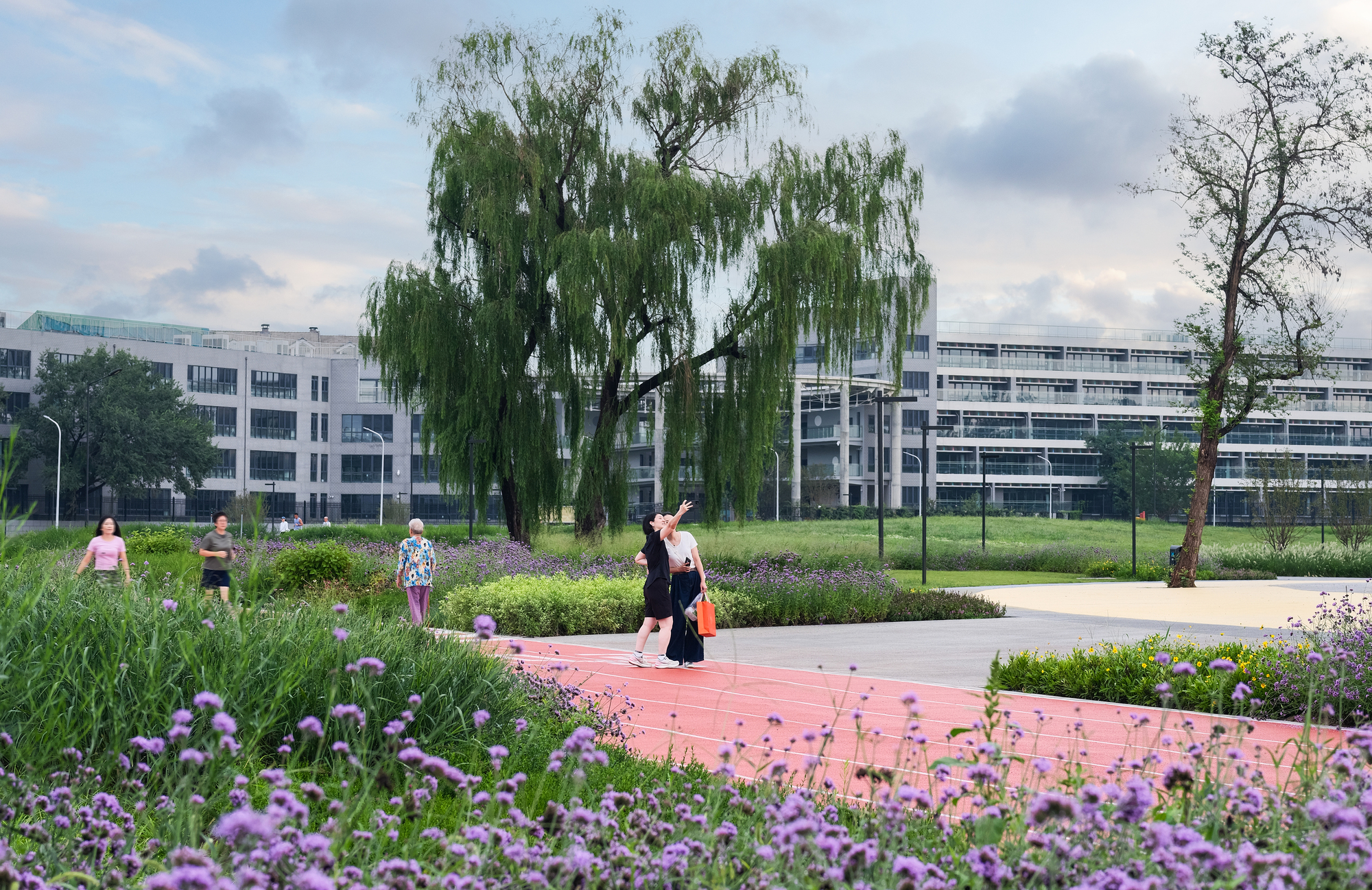 Pink rubber plaza bordered by purple flowering beds and willow trees with people walking under a cloudy sky